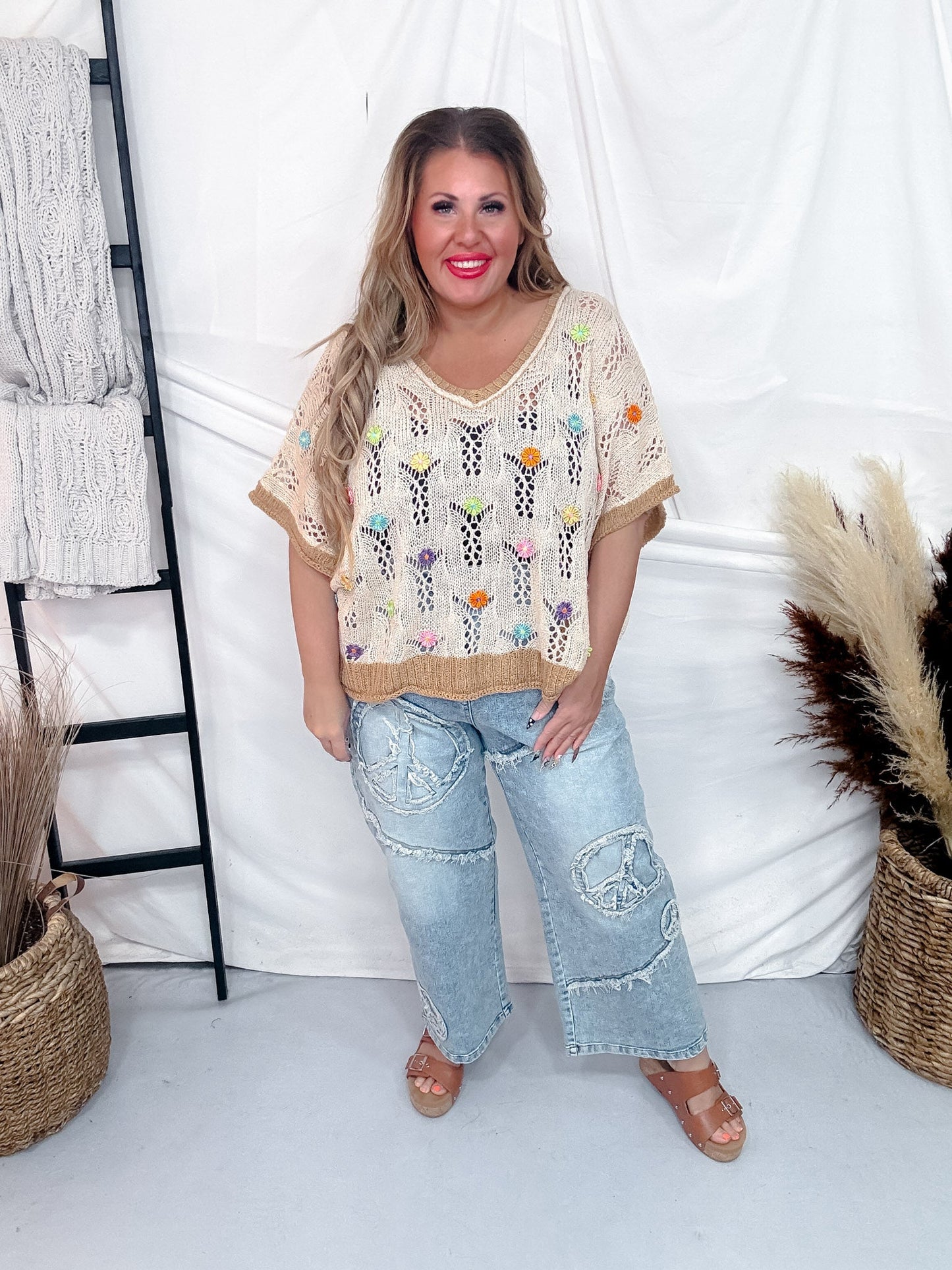 Peace Sign Patch Light Wash Straight Denim Jeans - Whiskey Skies - DAVI & DANI