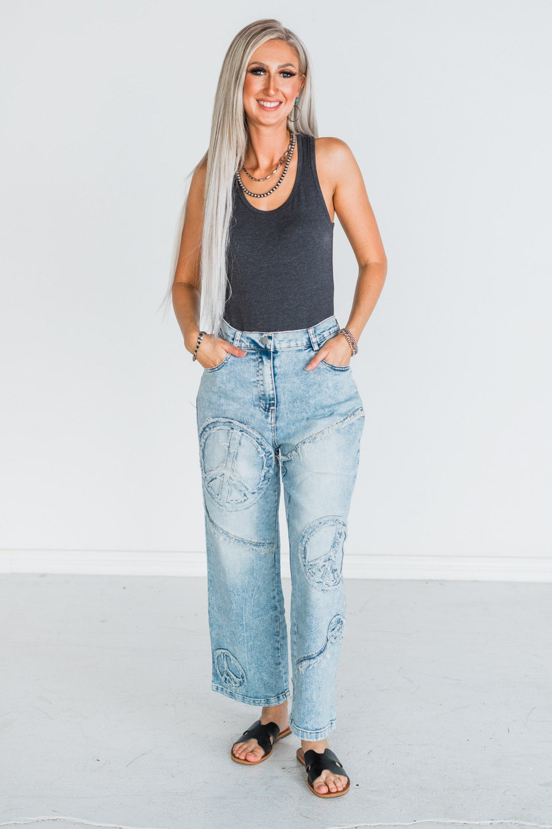Peace Sign Patch Light Wash Straight Denim Jeans - Whiskey Skies - DAVI & DANI