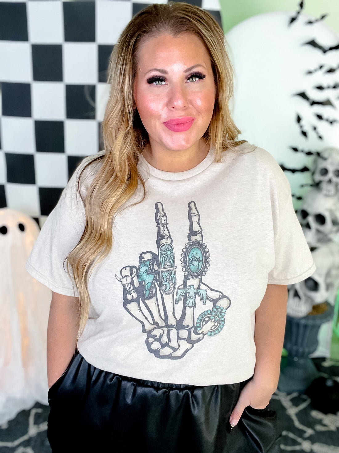 Peace & Turquoise Skeleton Hand Graphic T-Shirt - Whiskey Skies - H+P WHOLESALE