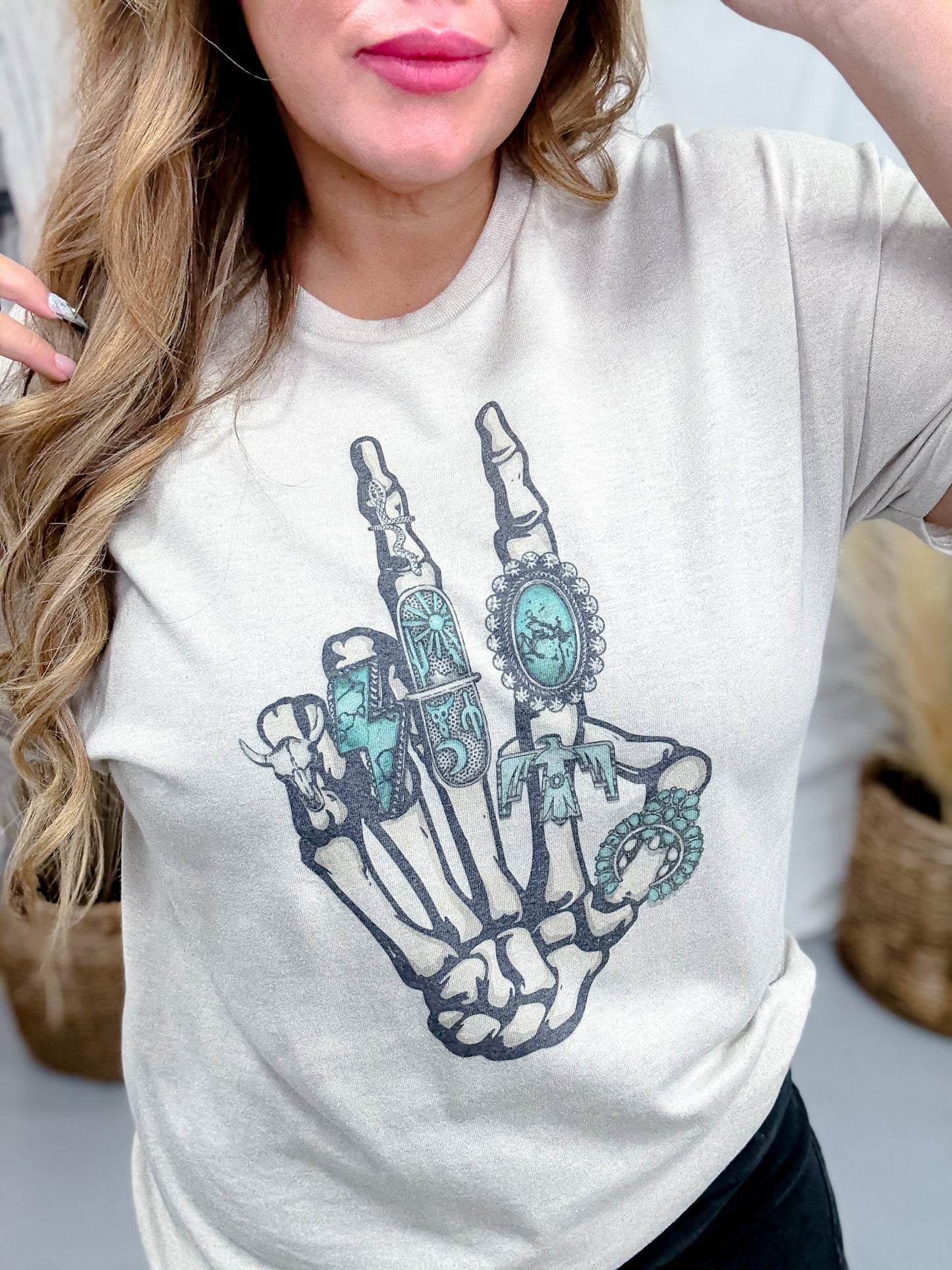 Peace & Turquoise Skeleton Hand Graphic T-Shirt - Whiskey Skies - H+P WHOLESALE