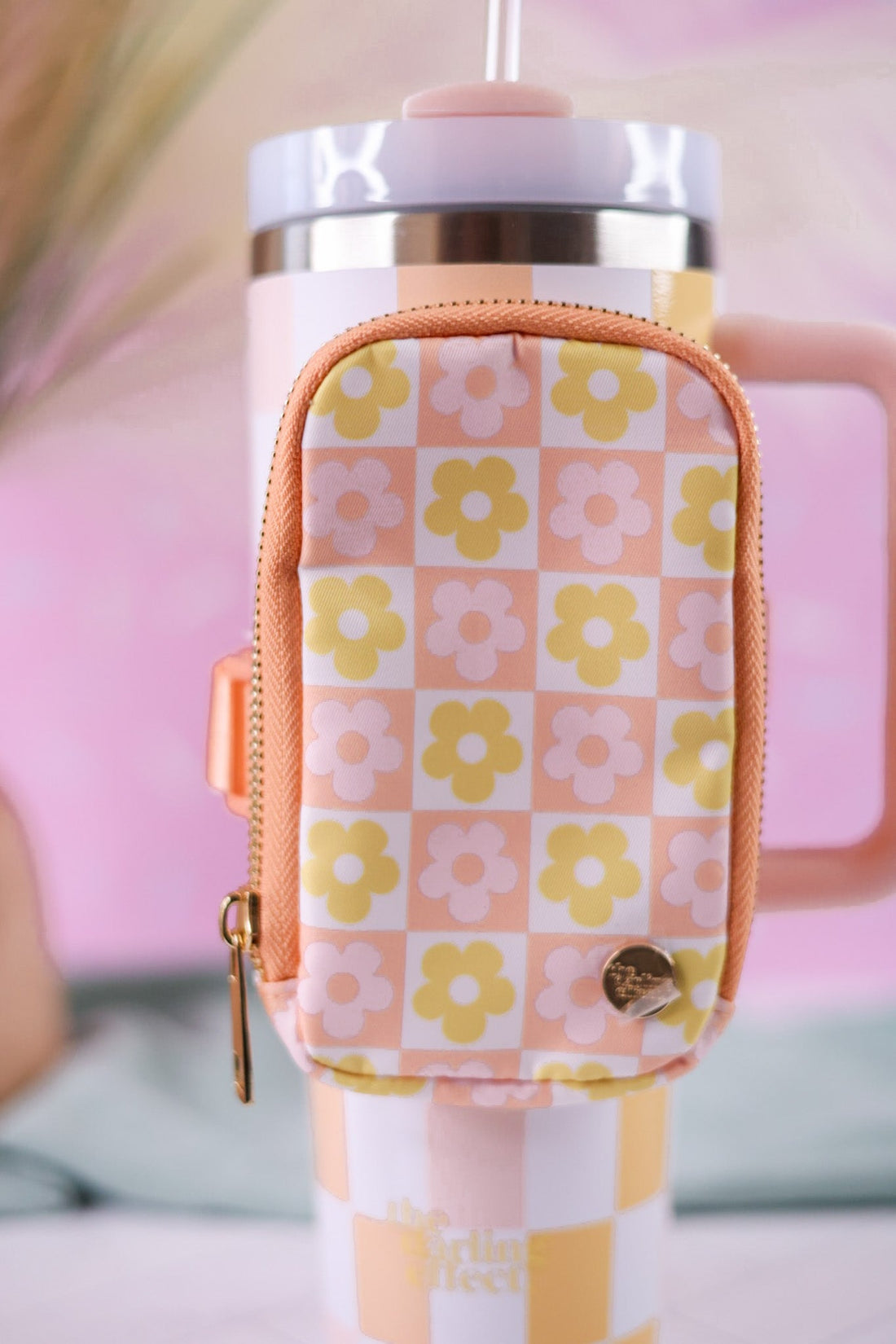 Peach Checkered Flower Fanny Pack for Tumbler - Whiskey Skies - THE DARLING EFFECT