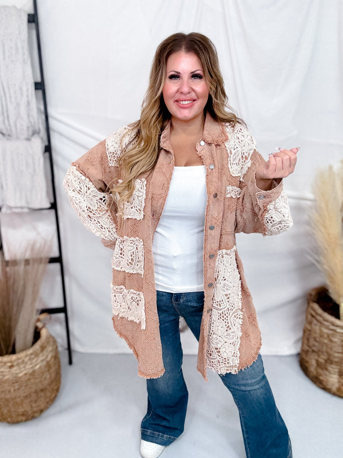 Peach Jam Long Sleeve Shacket W/ Crochet Detail - Whiskey Skies - POL CLOTHING INC.