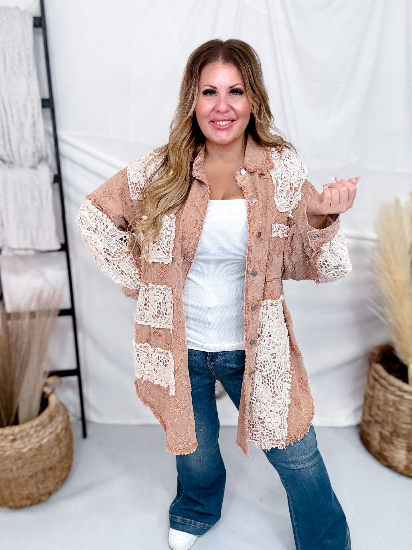 Peach Jam Long Sleeve Shacket W/ Crochet Detail - Whiskey Skies - POL CLOTHING INC.