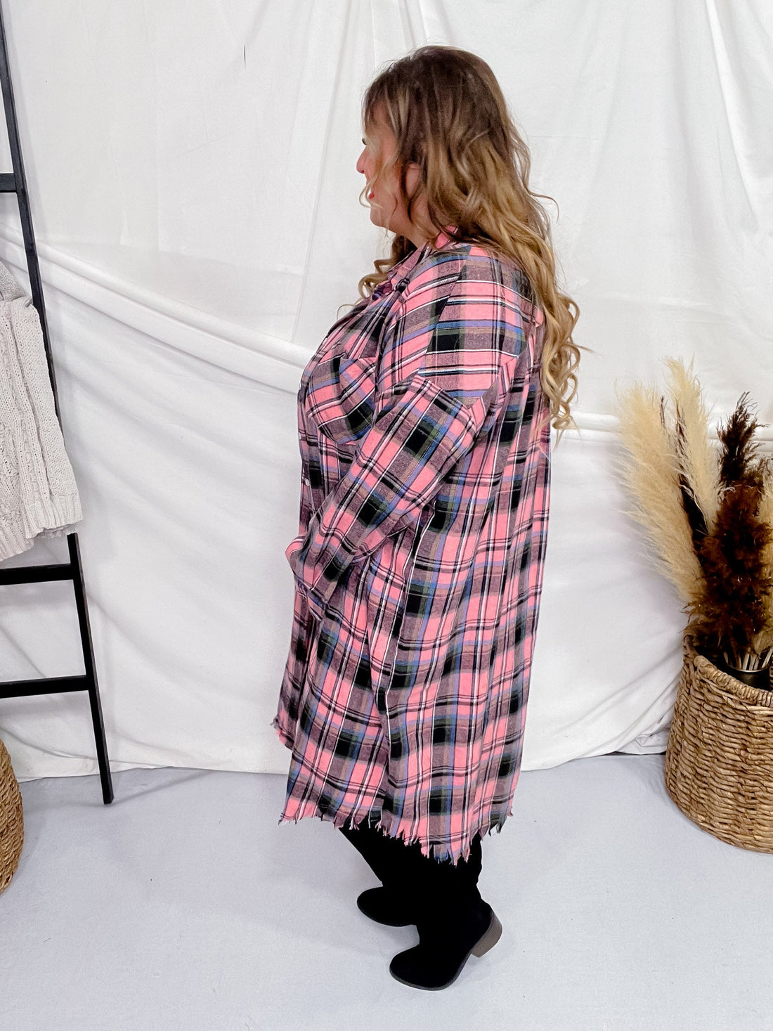 Peach Plaid Long Sleeve Button Front Top - Whiskey Skies - WHITE BIRCH