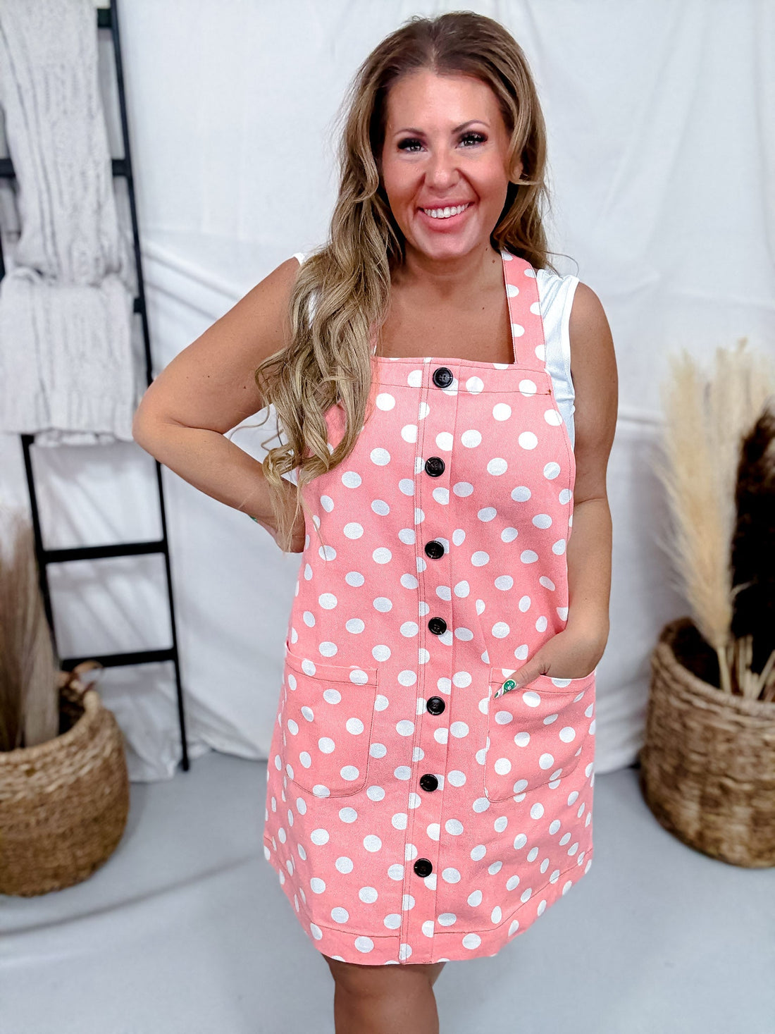 Peach Polkadot Denim Overall Dress W/ Adjustable Straps - Whiskey Skies - ODDI