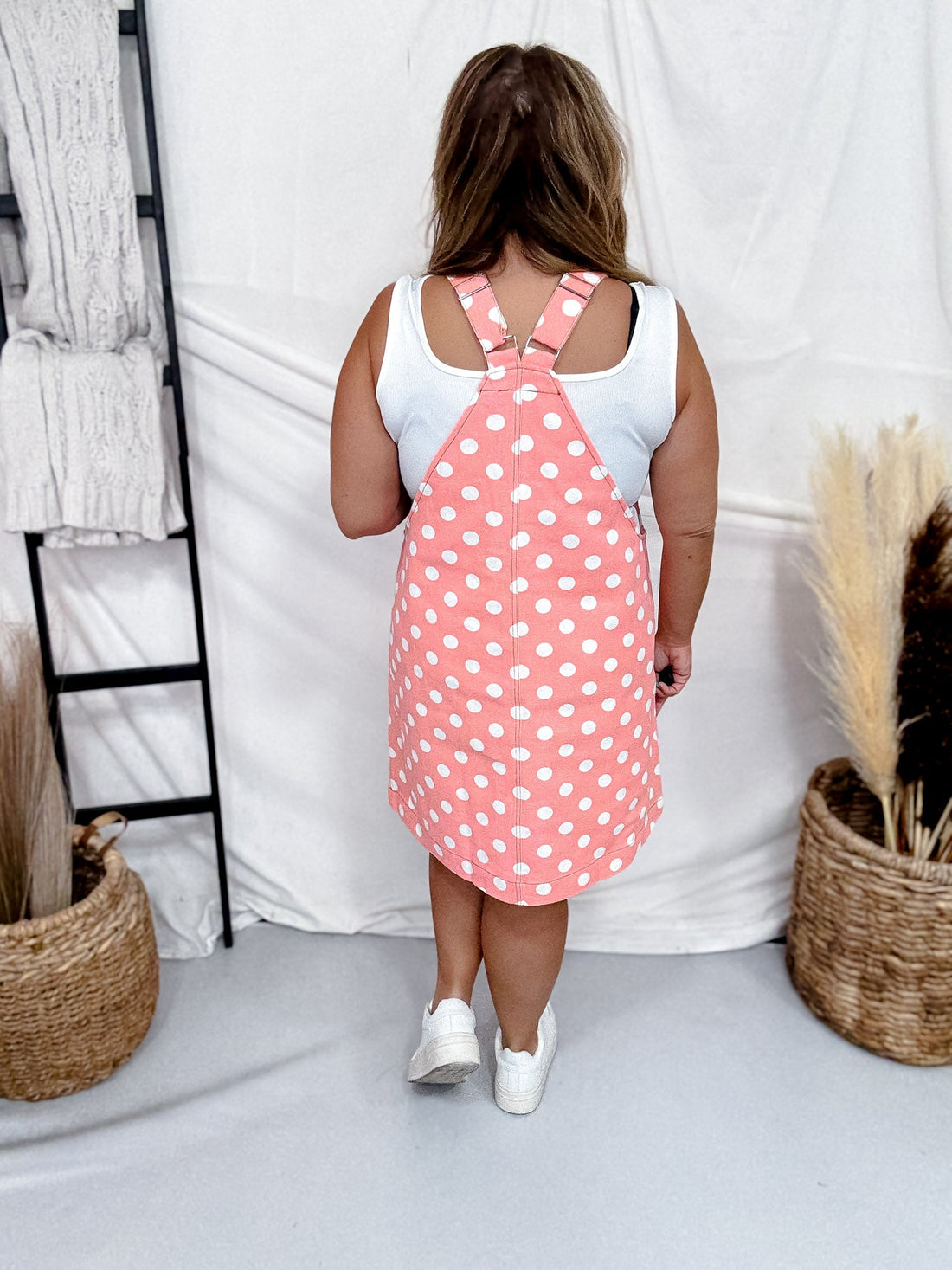 Peach Polkadot Denim Overall Dress W/ Adjustable Straps - Whiskey Skies - ODDI