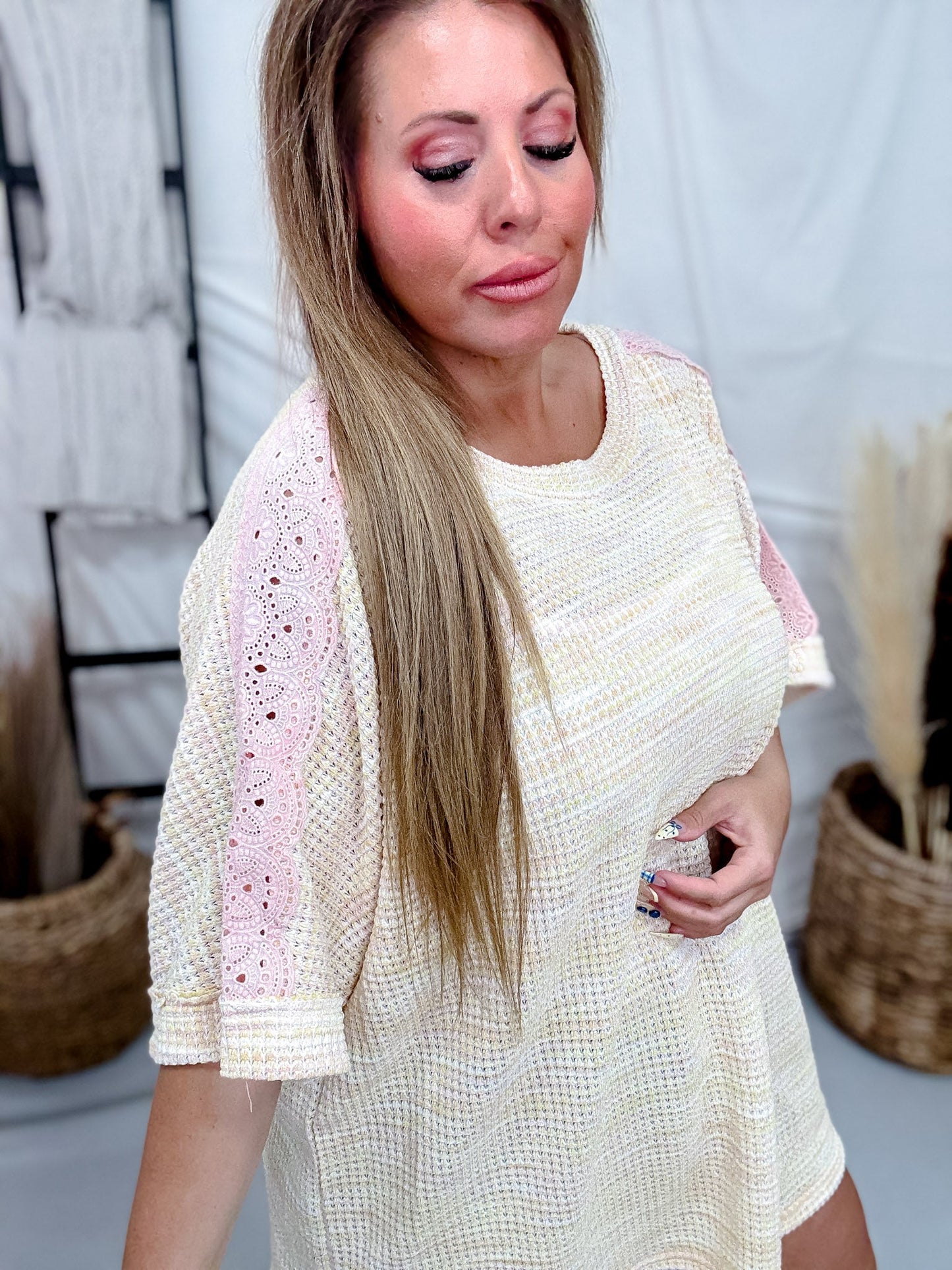 Peach & Yellow Half Sleeve Knit Top W/ Pink Eyelet Lace Shoulders - Whiskey Skies - EASEL