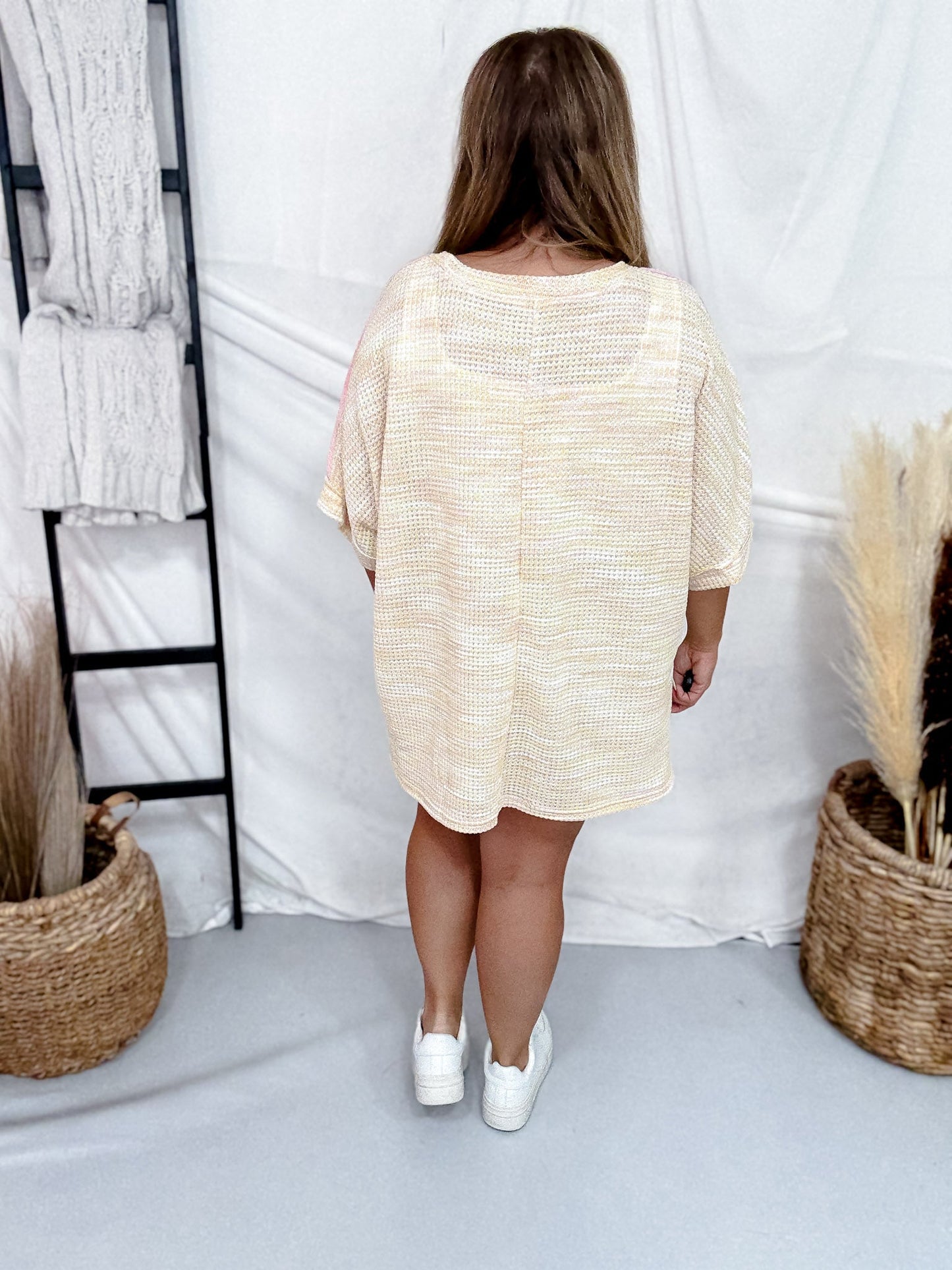 Peach & Yellow Half Sleeve Knit Top W/ Pink Eyelet Lace Shoulders - Whiskey Skies - EASEL