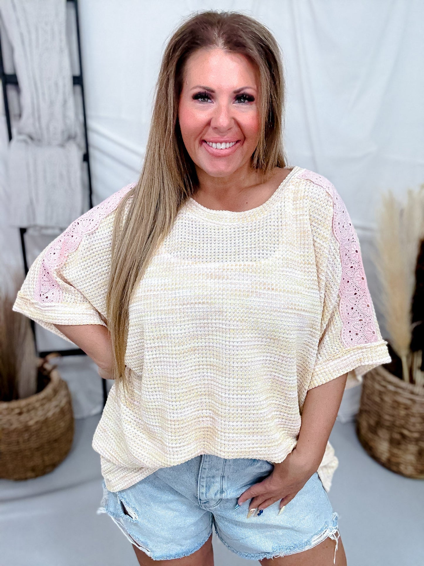 Peach & Yellow Half Sleeve Knit Top W/ Pink Eyelet Lace Shoulders - Whiskey Skies - EASEL