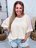 Peach & Yellow Half Sleeve Knit Top W/ Pink Eyelet Lace Shoulders - Whiskey Skies - EASEL