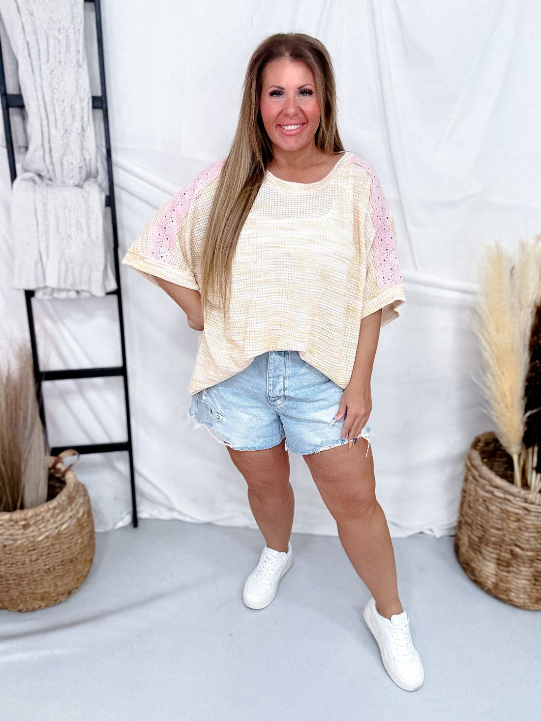 Peach & Yellow Half Sleeve Knit Top W/ Pink Eyelet Lace Shoulders - Whiskey Skies - EASEL