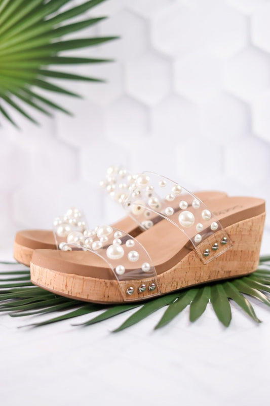 Pearl Covered Clear Strap Wedges - Whiskey Skies - CORKYS FOOTWEAR