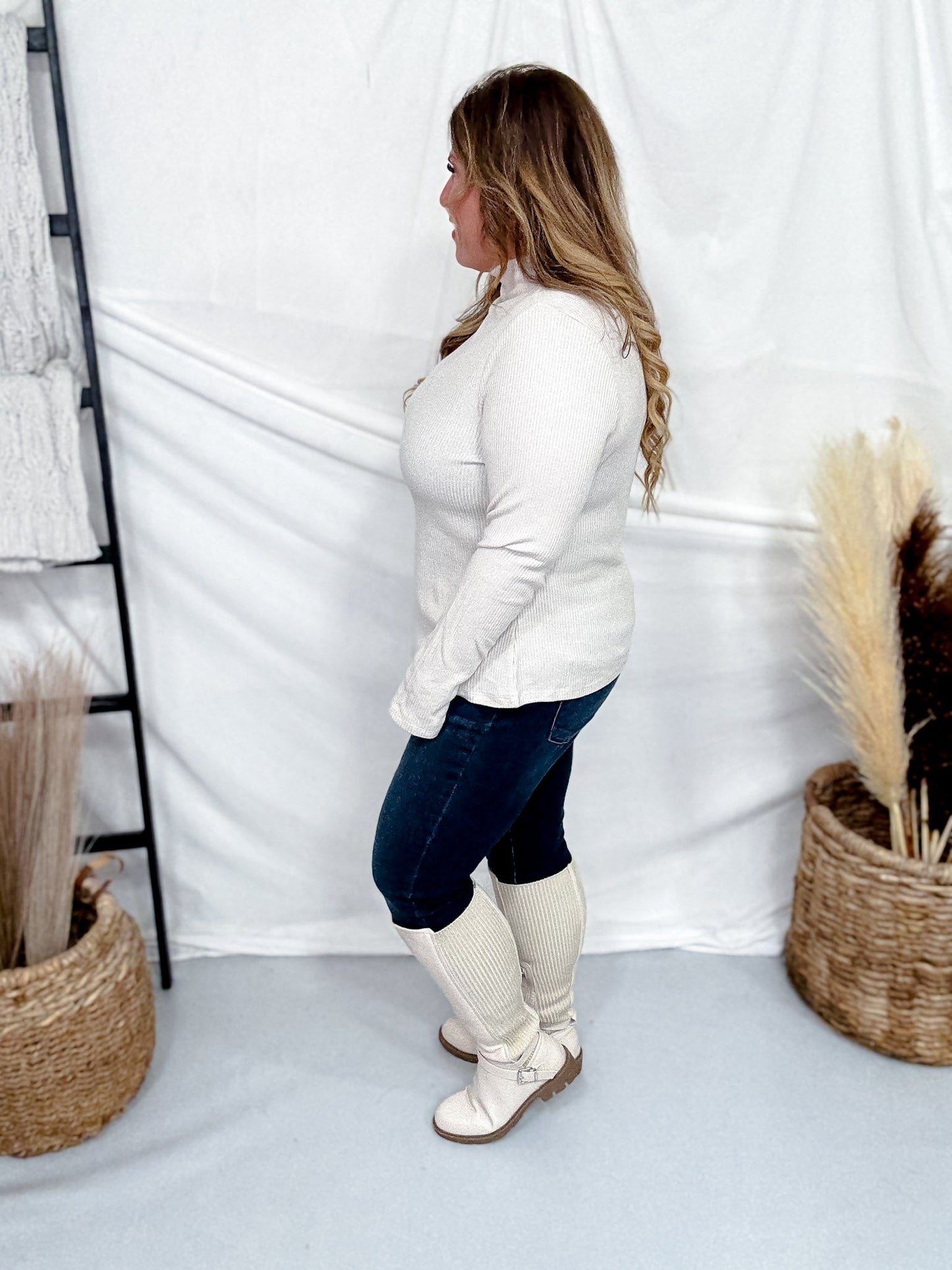 Pearl Shimmer Mock Neck Sweater With Long Sleeves - Whiskey Skies - ENTRO