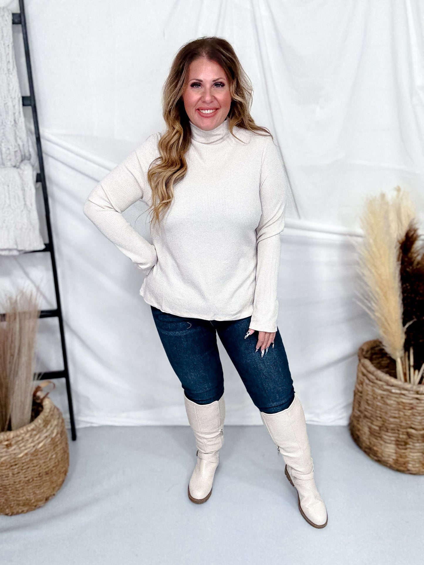 Pearl Shimmer Mock Neck Sweater With Long Sleeves - Whiskey Skies - ENTRO