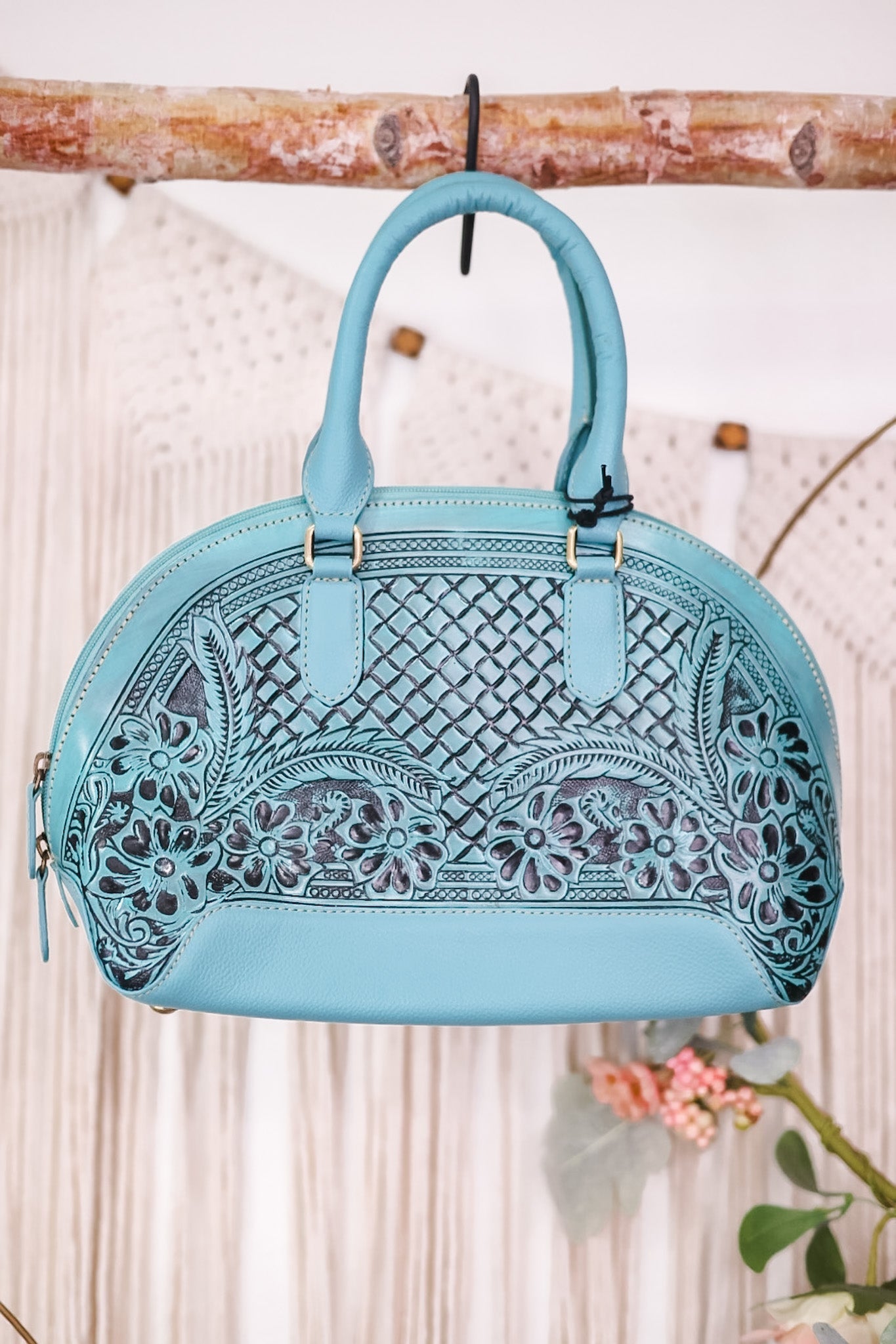 Peonie Creek Hand Tooled Bag - Whiskey Skies - KHEMCHAND HANDICRAFT