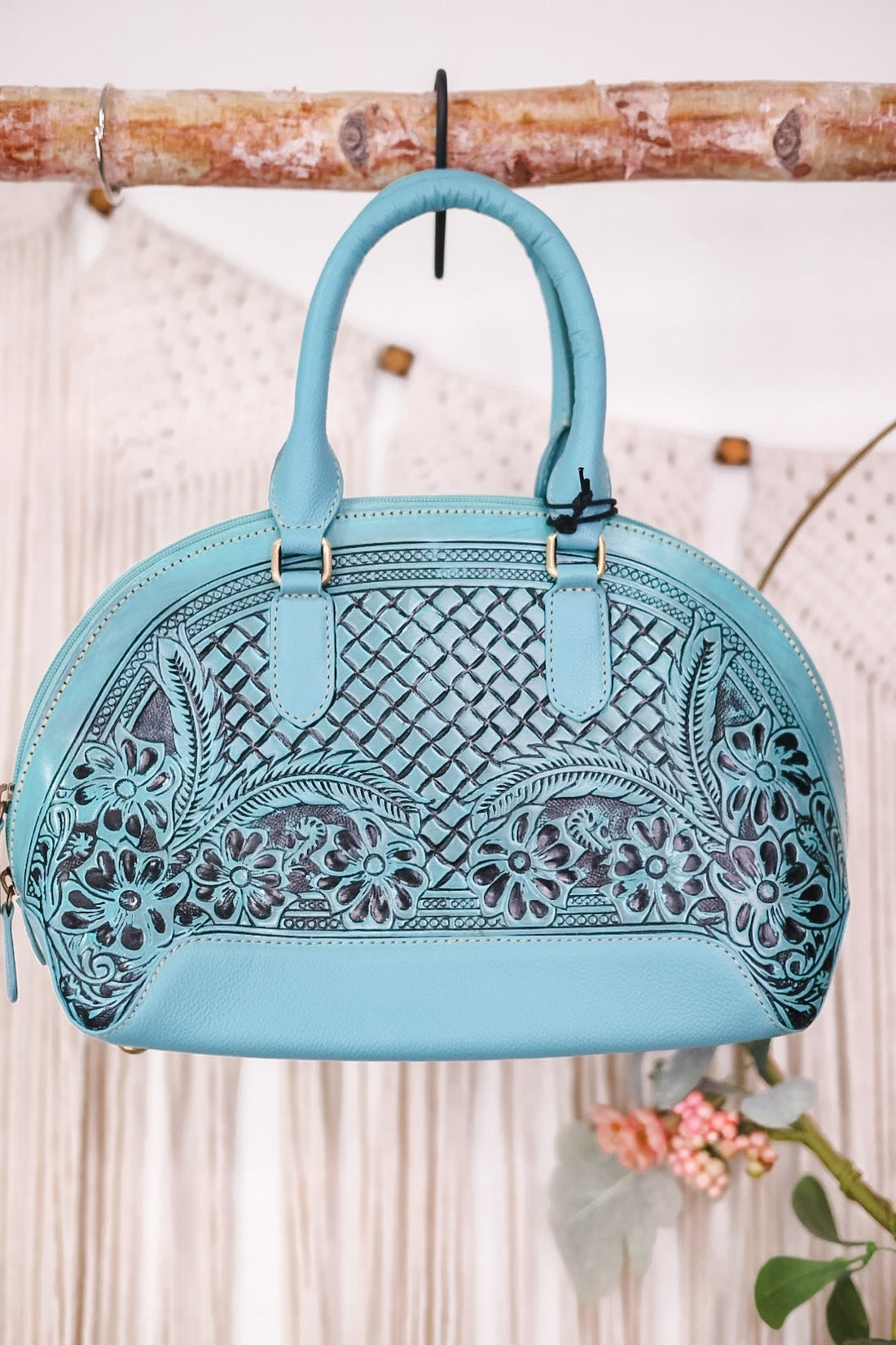 Peonie Creek Hand Tooled Bag - Whiskey Skies - KHEMCHAND HANDICRAFT