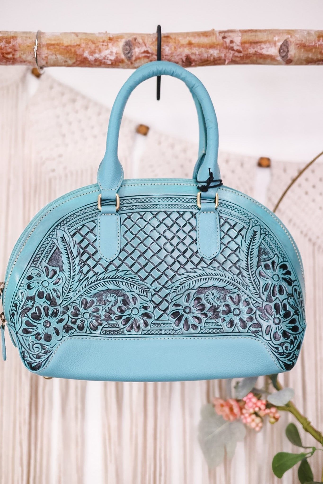 Peonie Creek Hand Tooled Bag - Whiskey Skies - KHEMCHAND HANDICRAFT