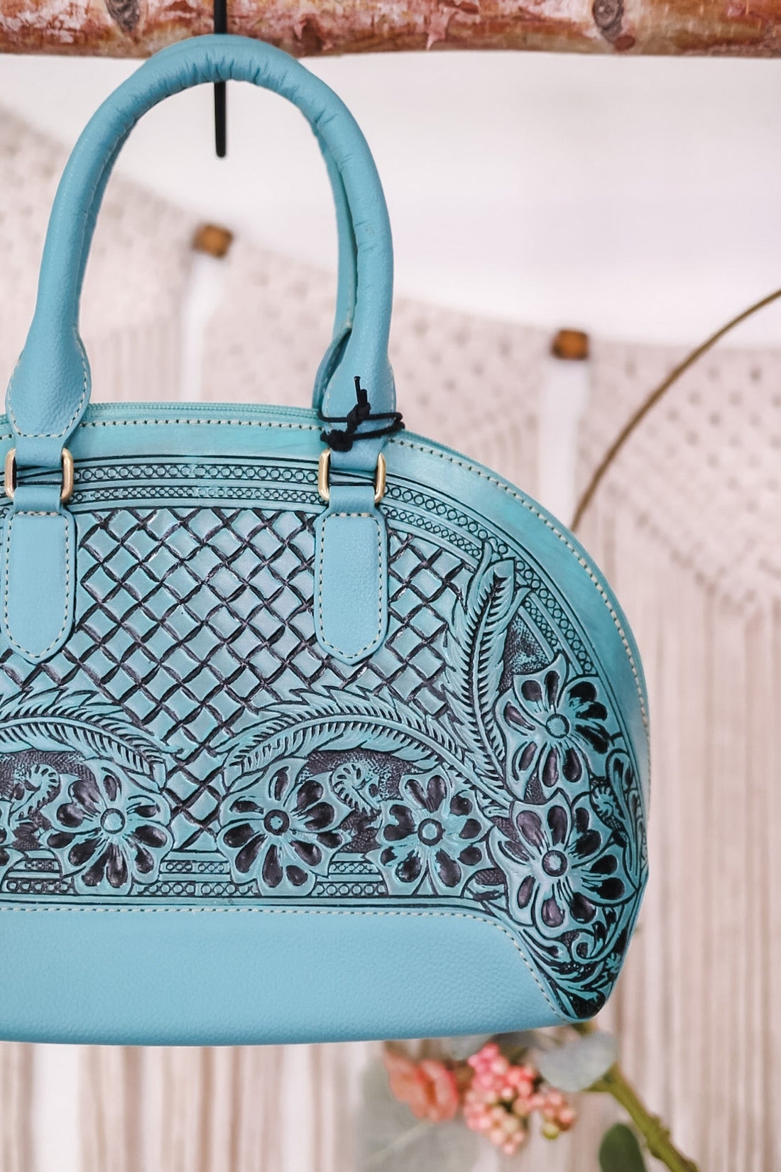 Peonie Creek Hand Tooled Bag - Whiskey Skies - KHEMCHAND HANDICRAFT