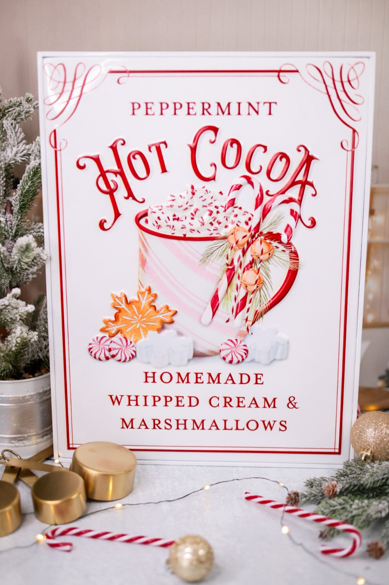 Peppermint Hot Cocoa Embossed Metal Sign - Whiskey Skies - RAZ IMPORTS