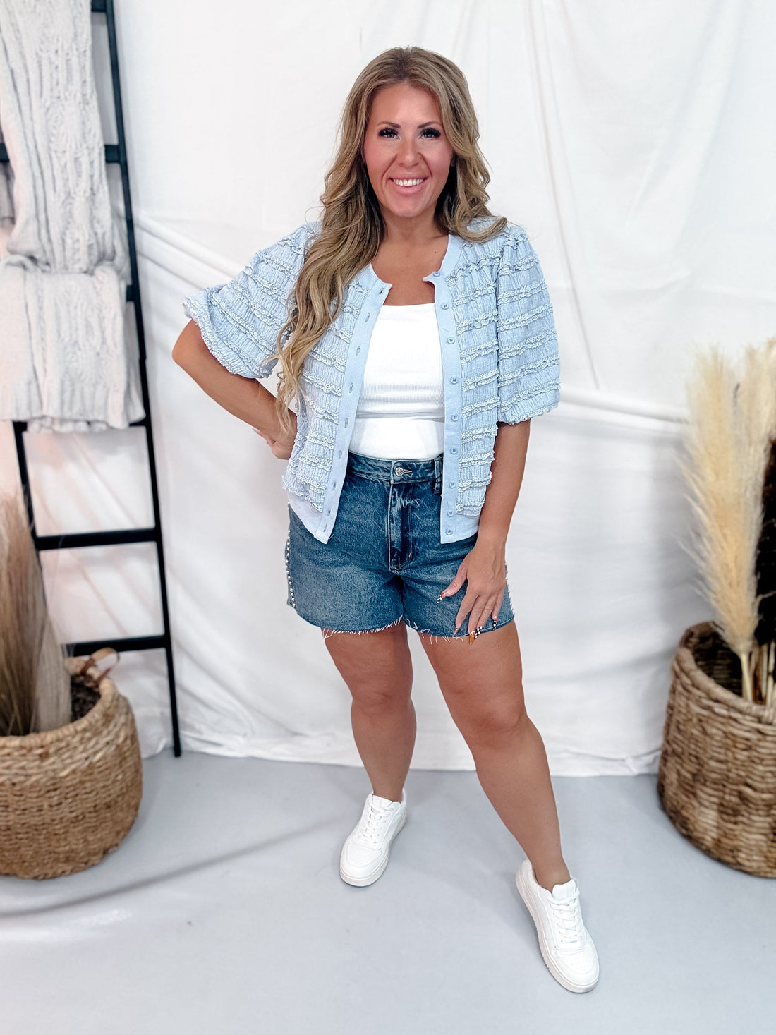 Periwinkle Blue Textured Button Up Bubble Sleeve Button up Top - Whiskey Skies - POLAGRAM + BAEVELY