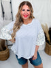 Periwinkle Striped Pullover Top W/ Floral Bubble Sleeves - Whiskey Skies - ODDI