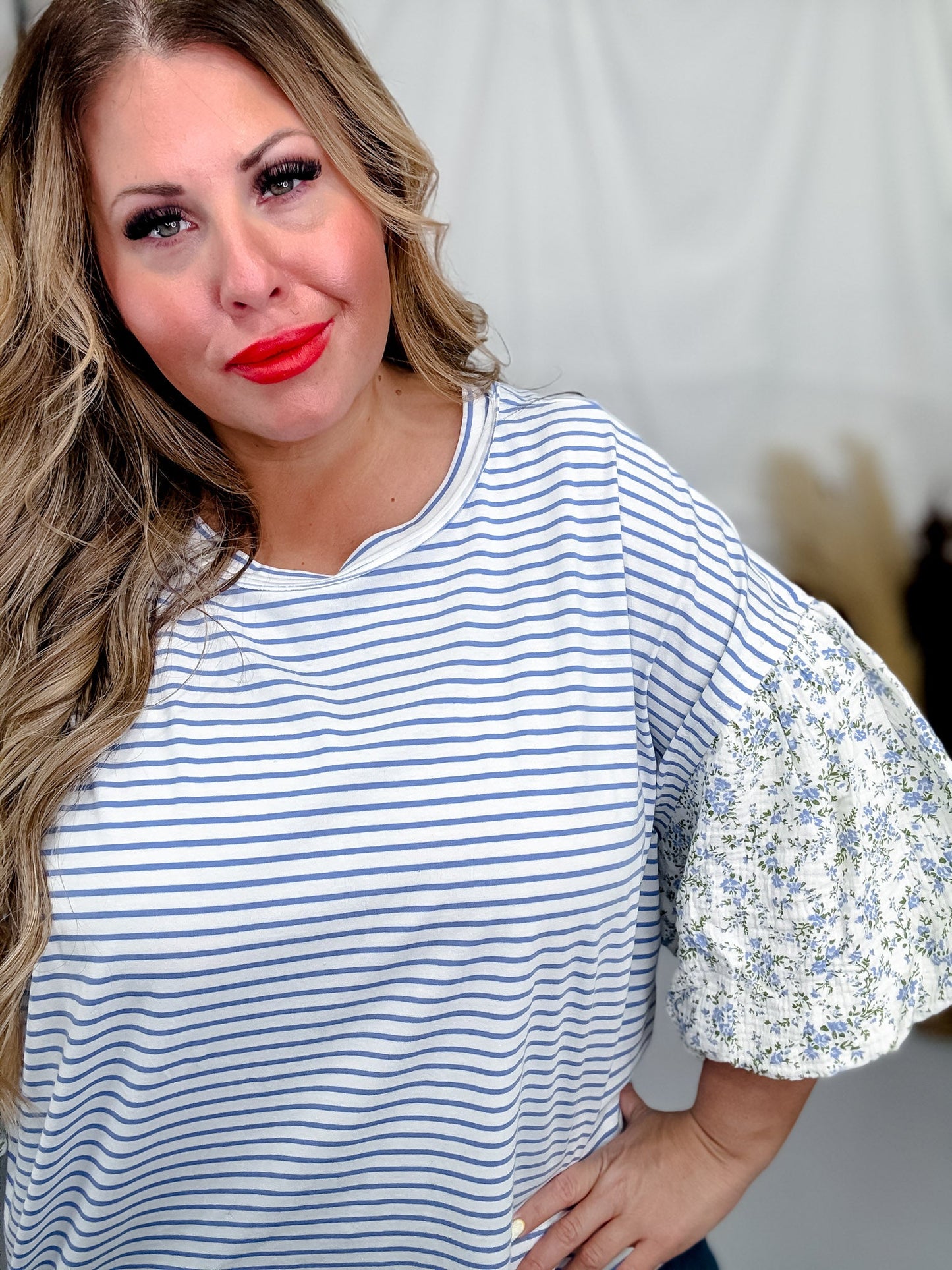 Periwinkle Striped Pullover Top W/ Floral Bubble Sleeves - Whiskey Skies - ODDI