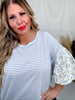 Periwinkle Striped Pullover Top W/ Floral Bubble Sleeves - Whiskey Skies - ODDI