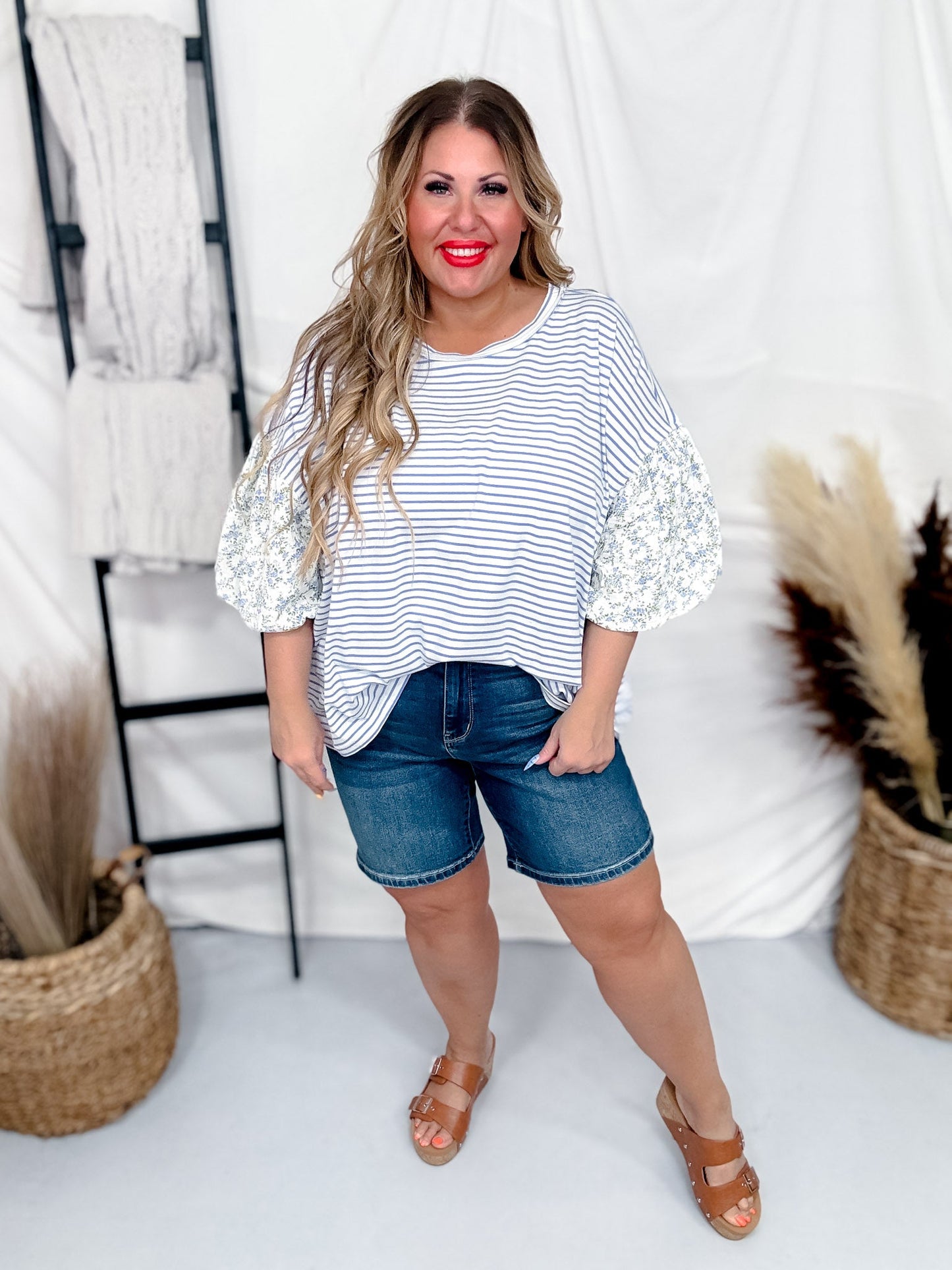 Periwinkle Striped Pullover Top W/ Floral Bubble Sleeves - Whiskey Skies - ODDI