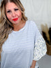 Periwinkle Striped Pullover Top W/ Floral Bubble Sleeves - Whiskey Skies - ODDI