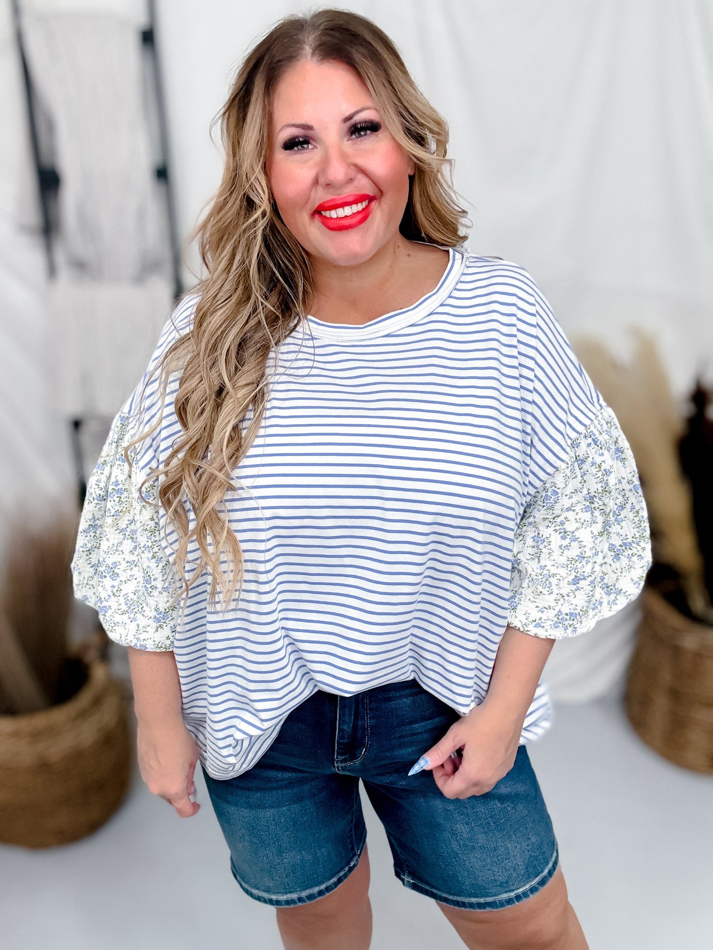 Periwinkle Striped Pullover Top W/ Floral Bubble Sleeves - Whiskey Skies - ODDI