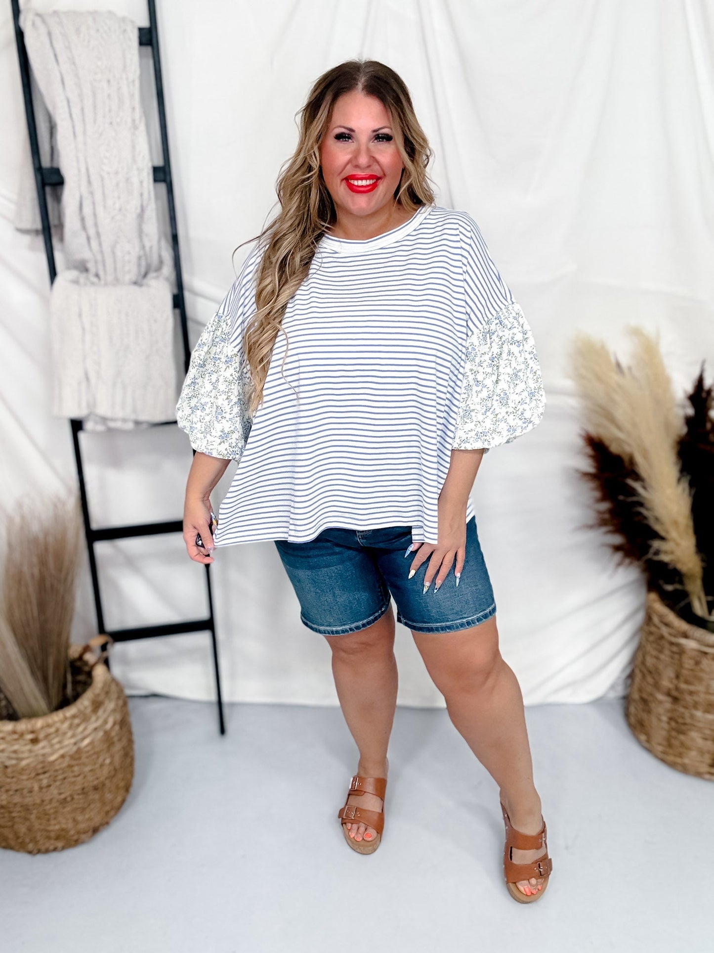 Periwinkle Striped Pullover Top W/ Floral Bubble Sleeves - Whiskey Skies - ODDI