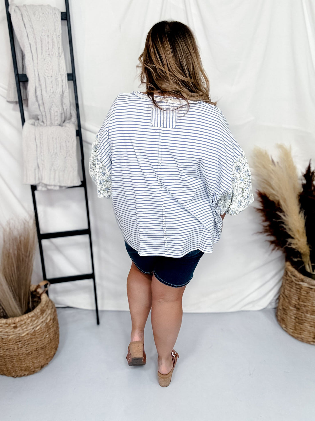 Periwinkle Striped Pullover Top W/ Floral Bubble Sleeves - Whiskey Skies - ODDI