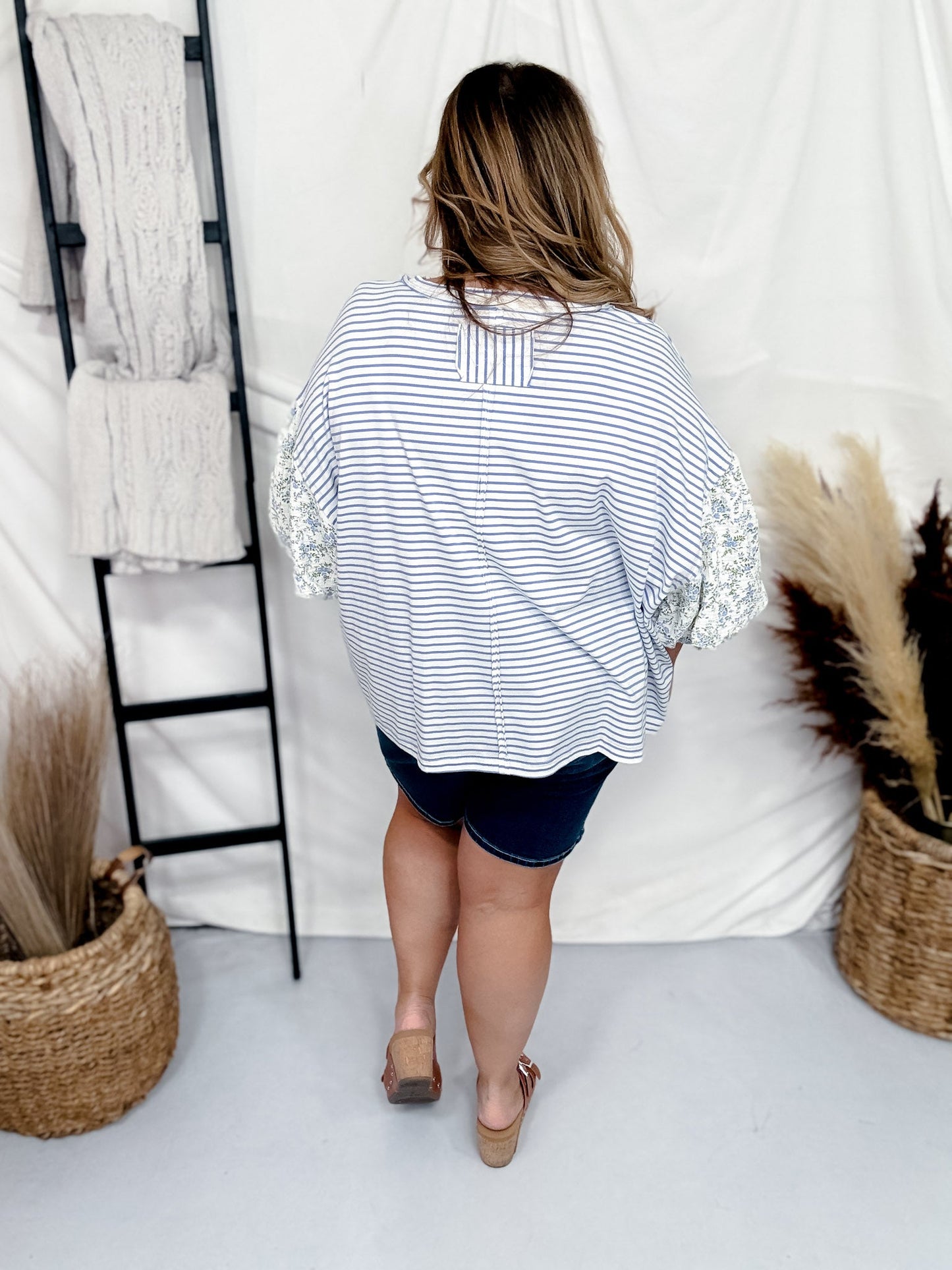 Periwinkle Striped Pullover Top W/ Floral Bubble Sleeves - Whiskey Skies - ODDI