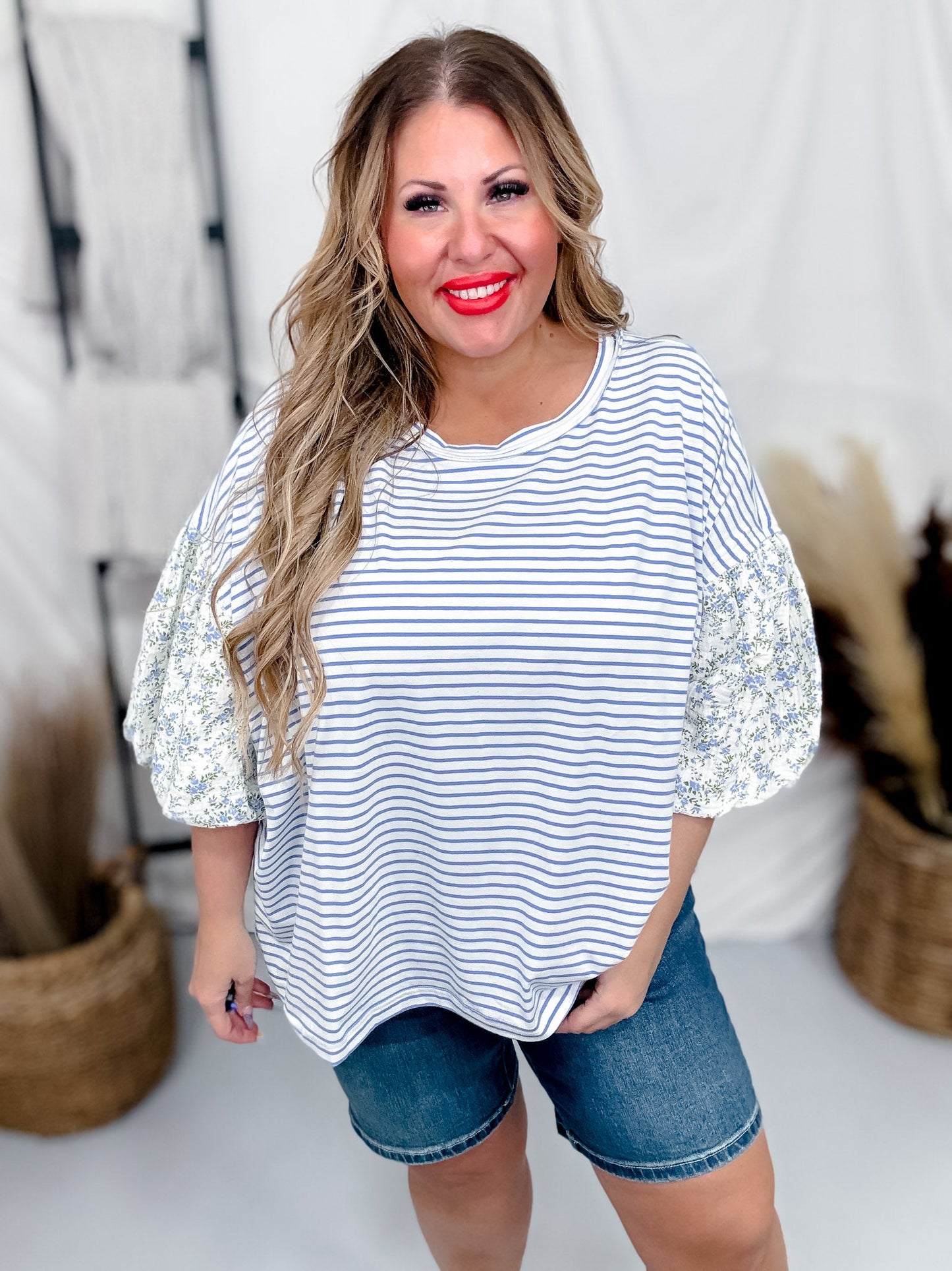 Periwinkle Striped Pullover Top W/ Floral Bubble Sleeves - Whiskey Skies - ODDI