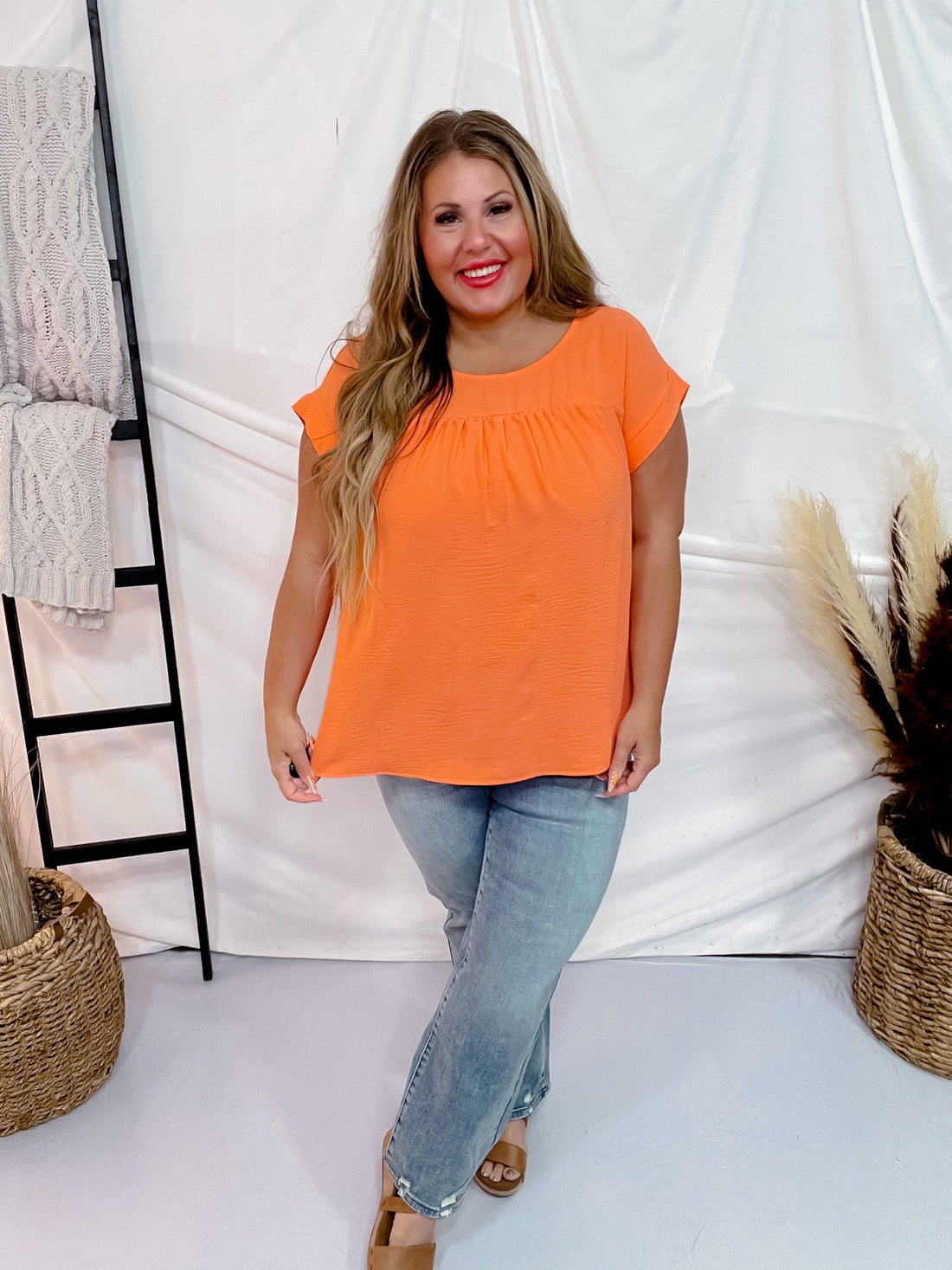 Persimmon Orange Round Neck Babydoll Top with Banded Sleeves - Whiskey Skies - ANDREE BY UNIT