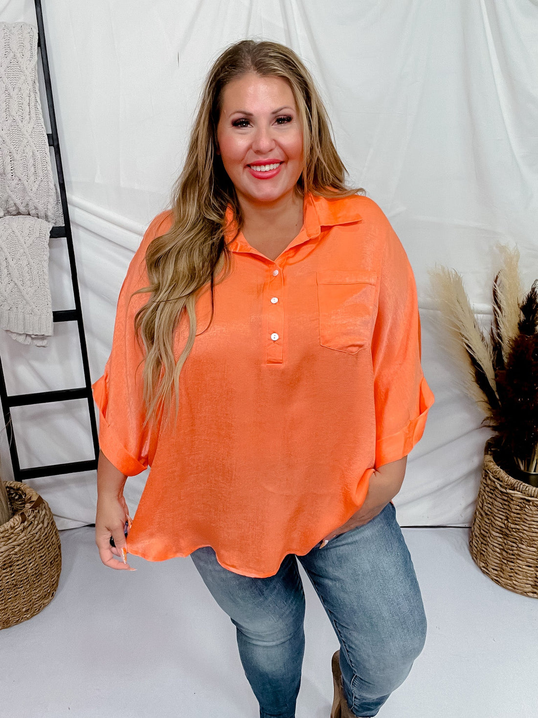 Persimmon Orange Satin Feel Oversized Top with Dolman Sleeves - Whiskey Skies - ANDREE BY UNIT