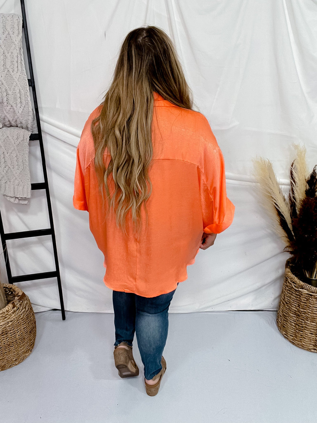 Persimmon Orange Satin Feel Oversized Top with Dolman Sleeves - Whiskey Skies - ANDREE BY UNIT