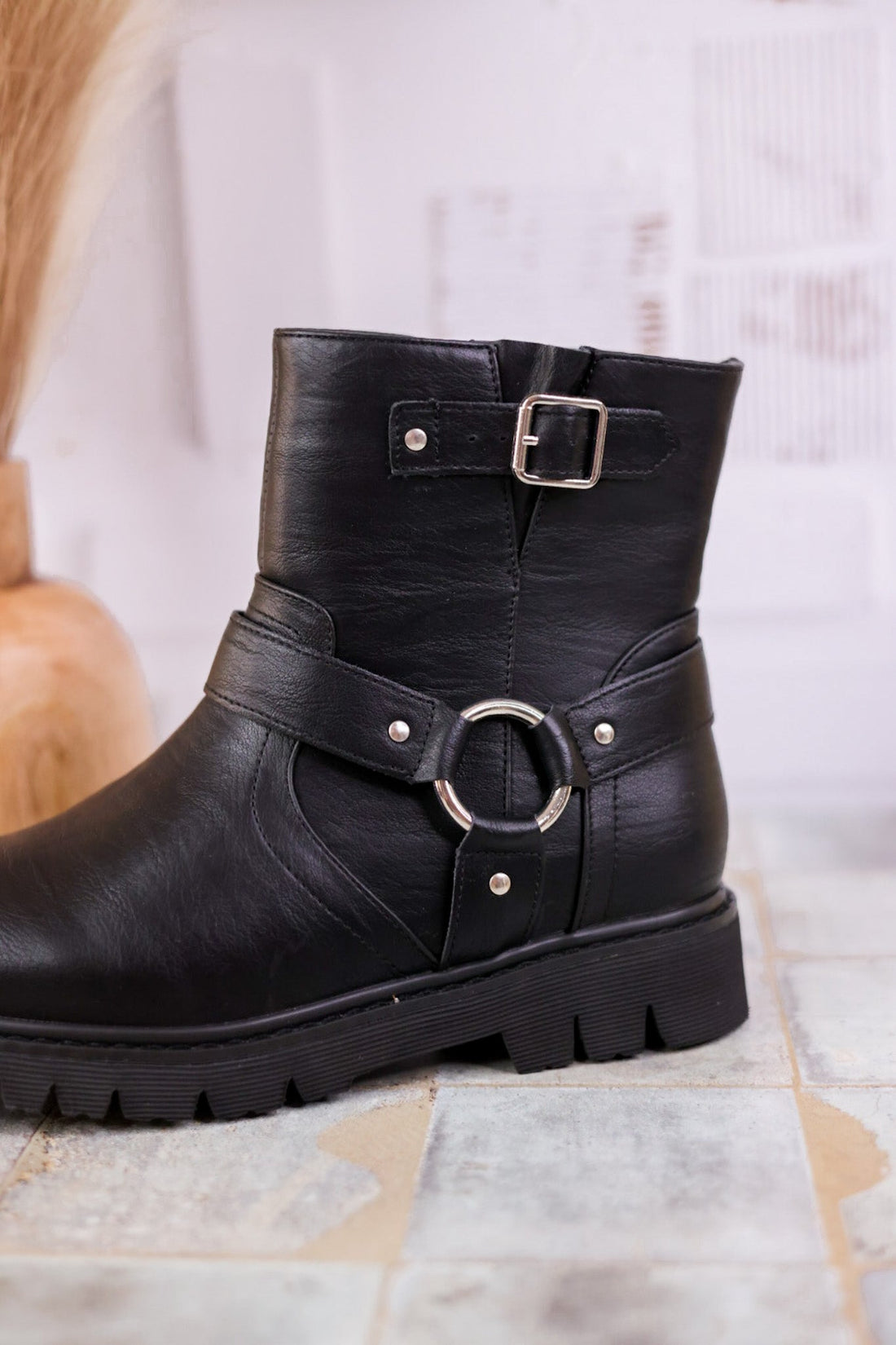 Pick of the Patch Black Boots with Buckle Detail - Whiskey Skies - CORKYS FOOTWEAR