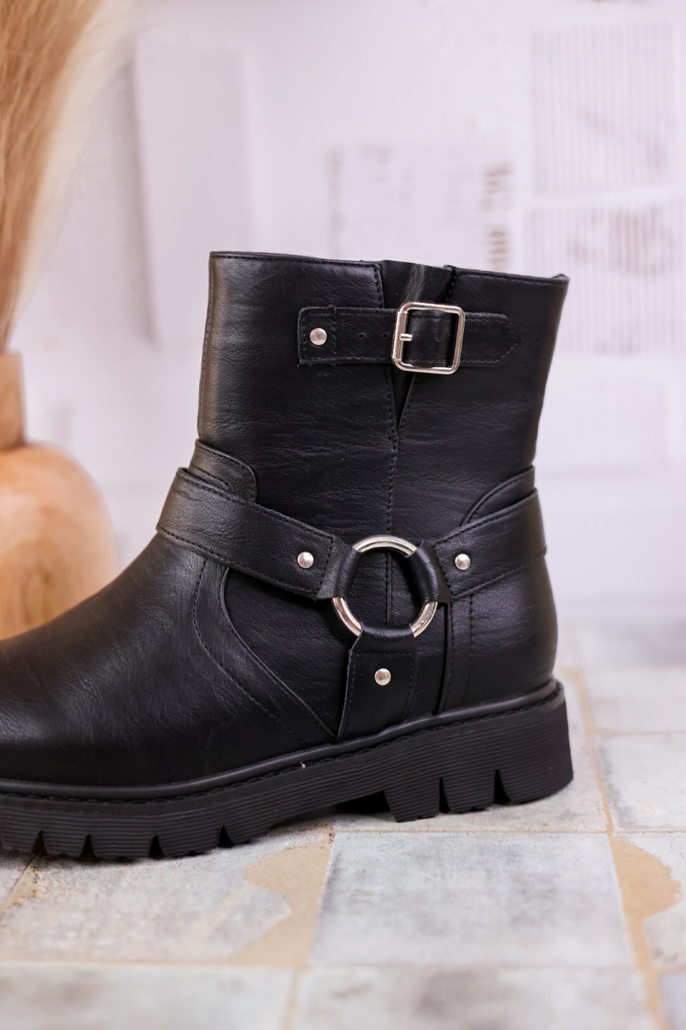 Pick of the Patch Black Boots with Buckle Detail - Whiskey Skies - CORKYS FOOTWEAR