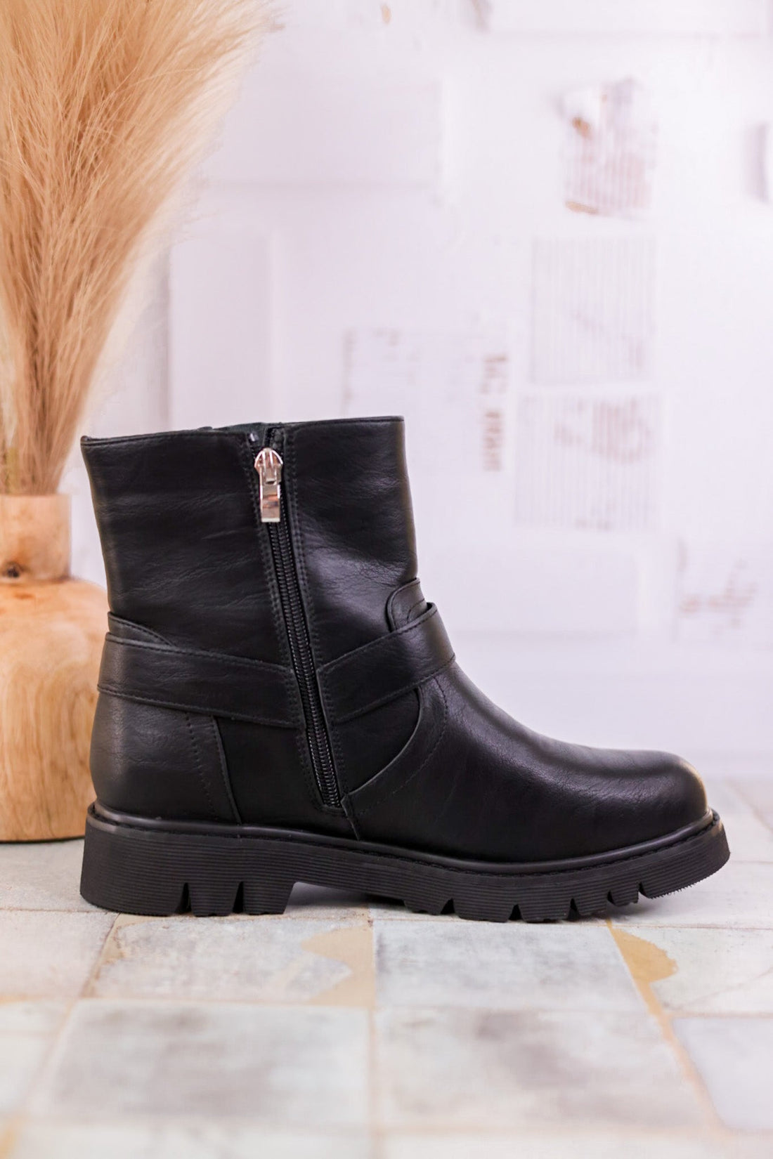 Pick of the Patch Black Boots with Buckle Detail - Whiskey Skies - CORKYS FOOTWEAR