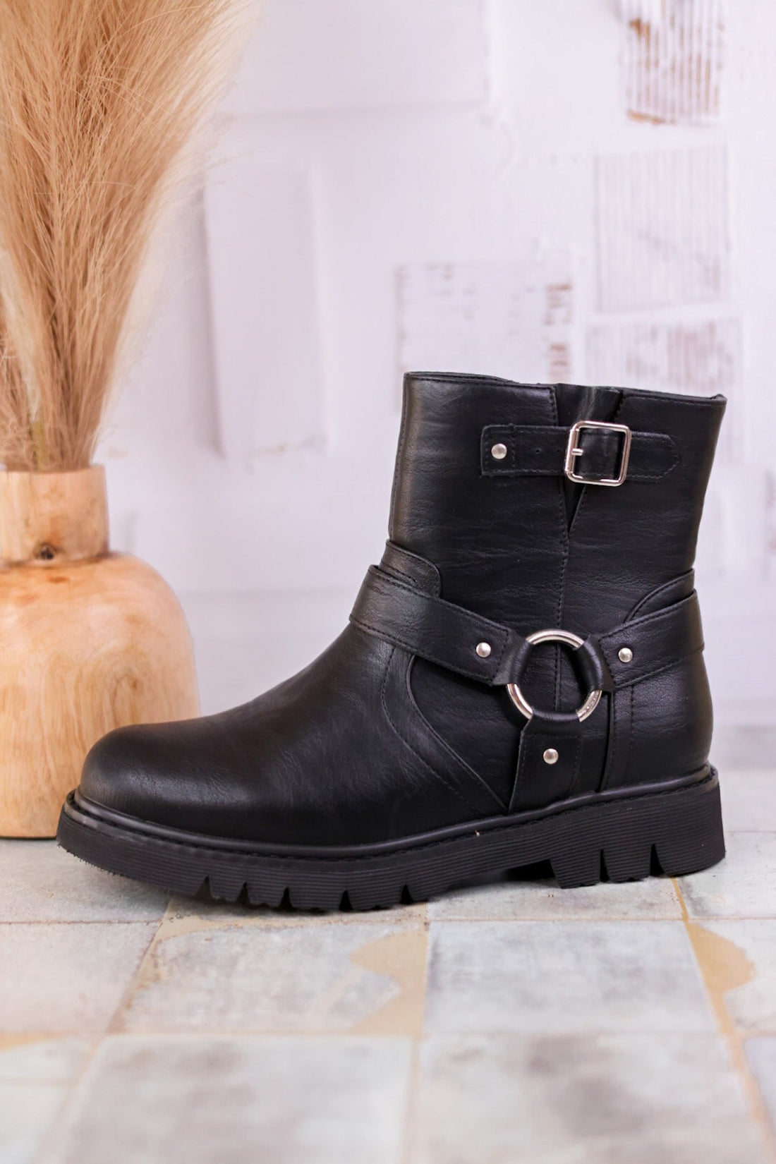 Pick of the Patch Black Boots with Buckle Detail - Whiskey Skies - CORKYS FOOTWEAR