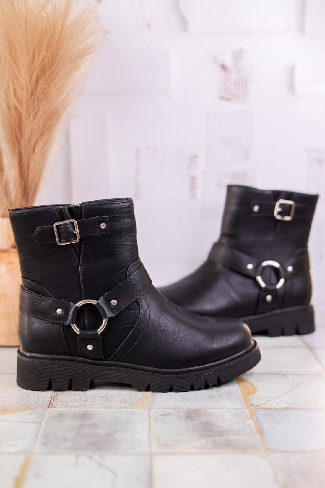 Pick of the Patch Black Boots with Buckle Detail - Whiskey Skies - CORKYS FOOTWEAR