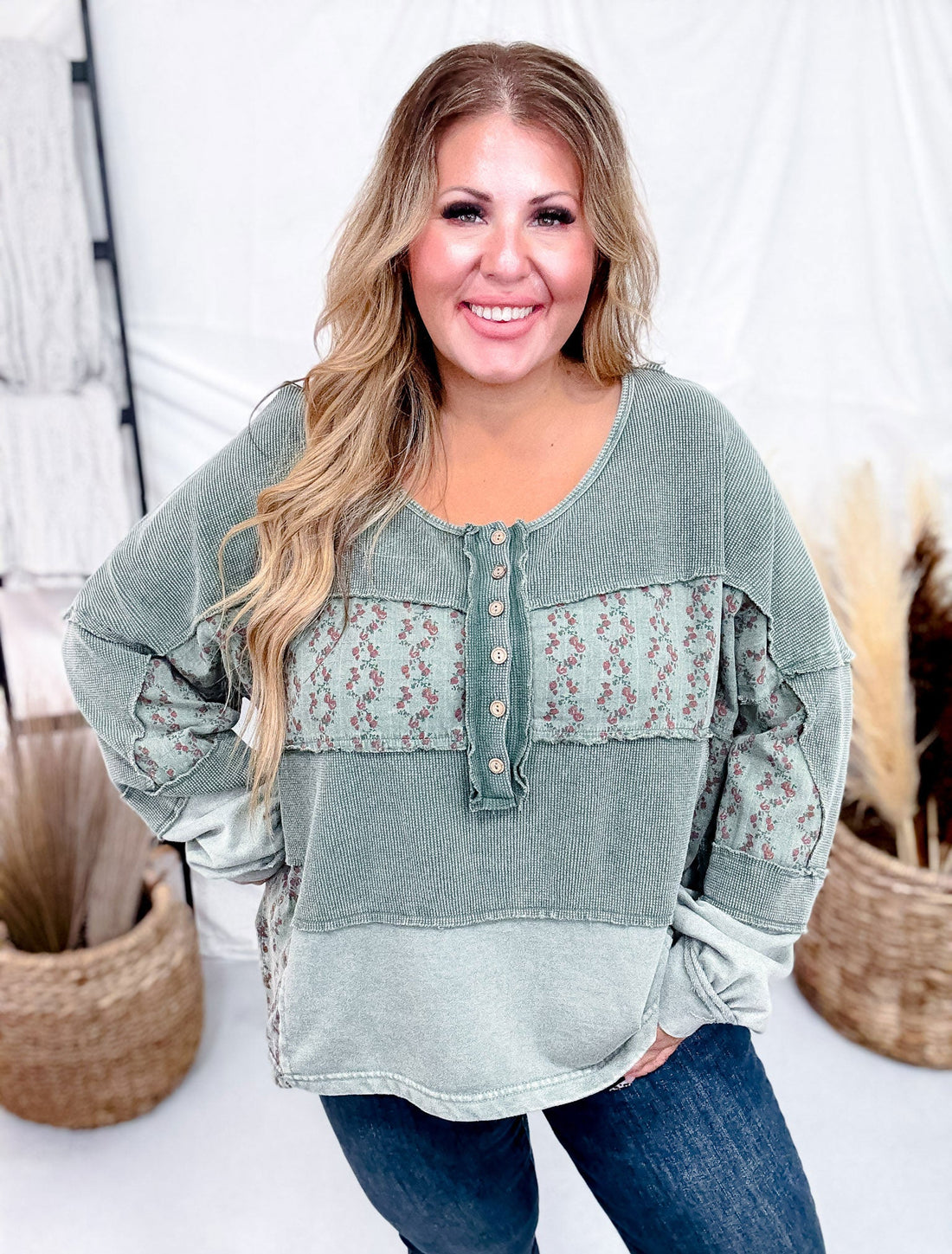 Pine Green Mixed Print Thermal Henley Top - Whiskey Skies - EASEL