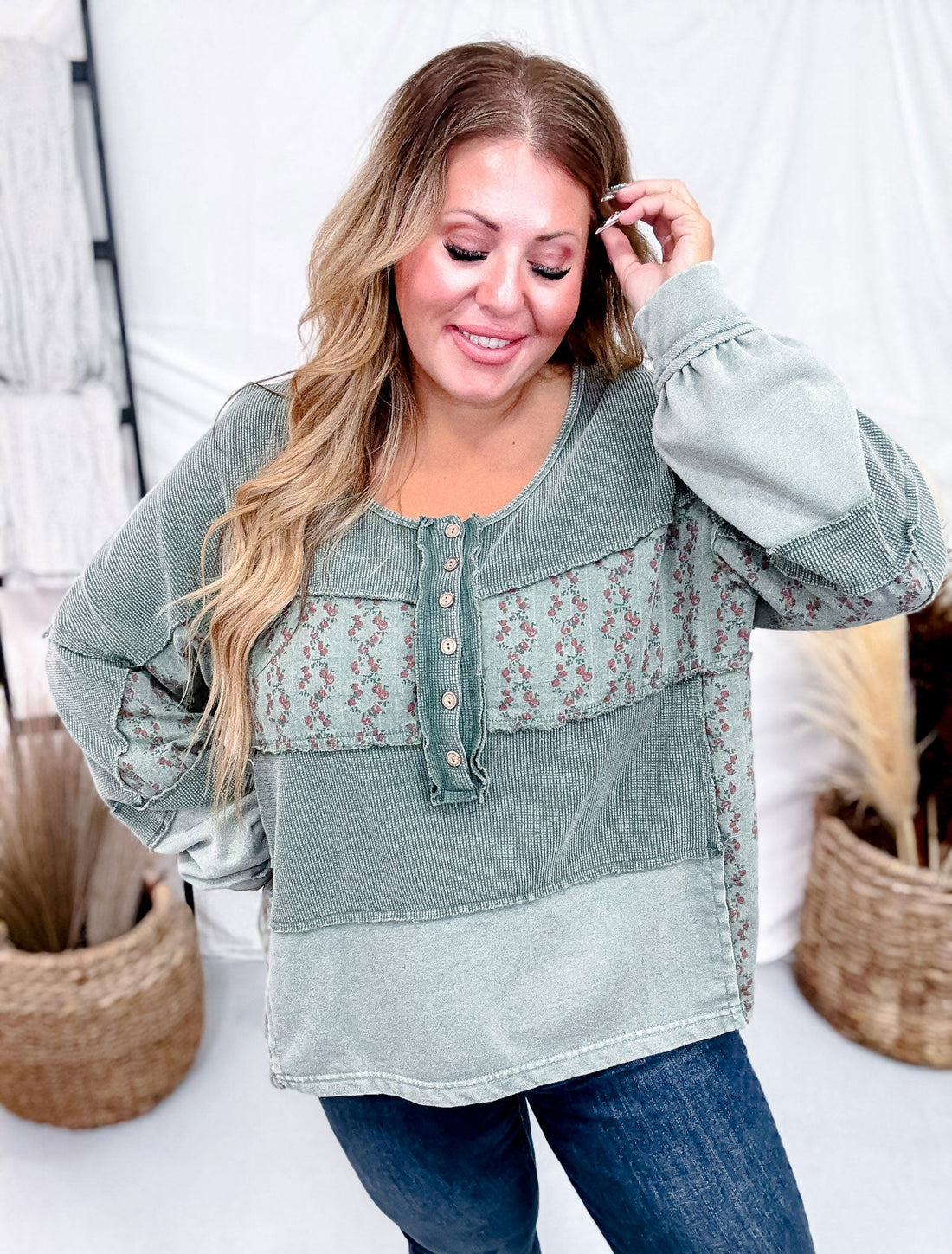 Pine Green Mixed Print Thermal Henley Top - Whiskey Skies - EASEL
