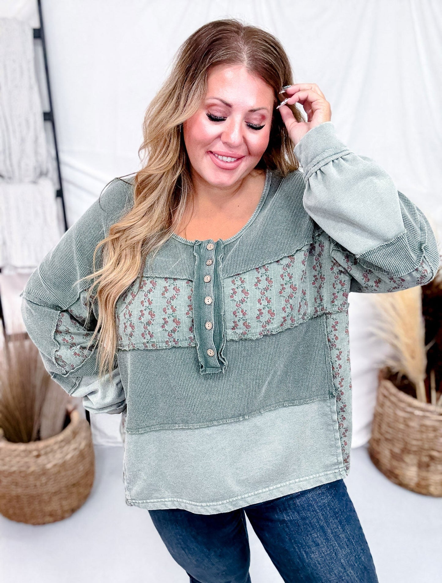 Pine Green Mixed Print Thermal Henley Top - Whiskey Skies - EASEL