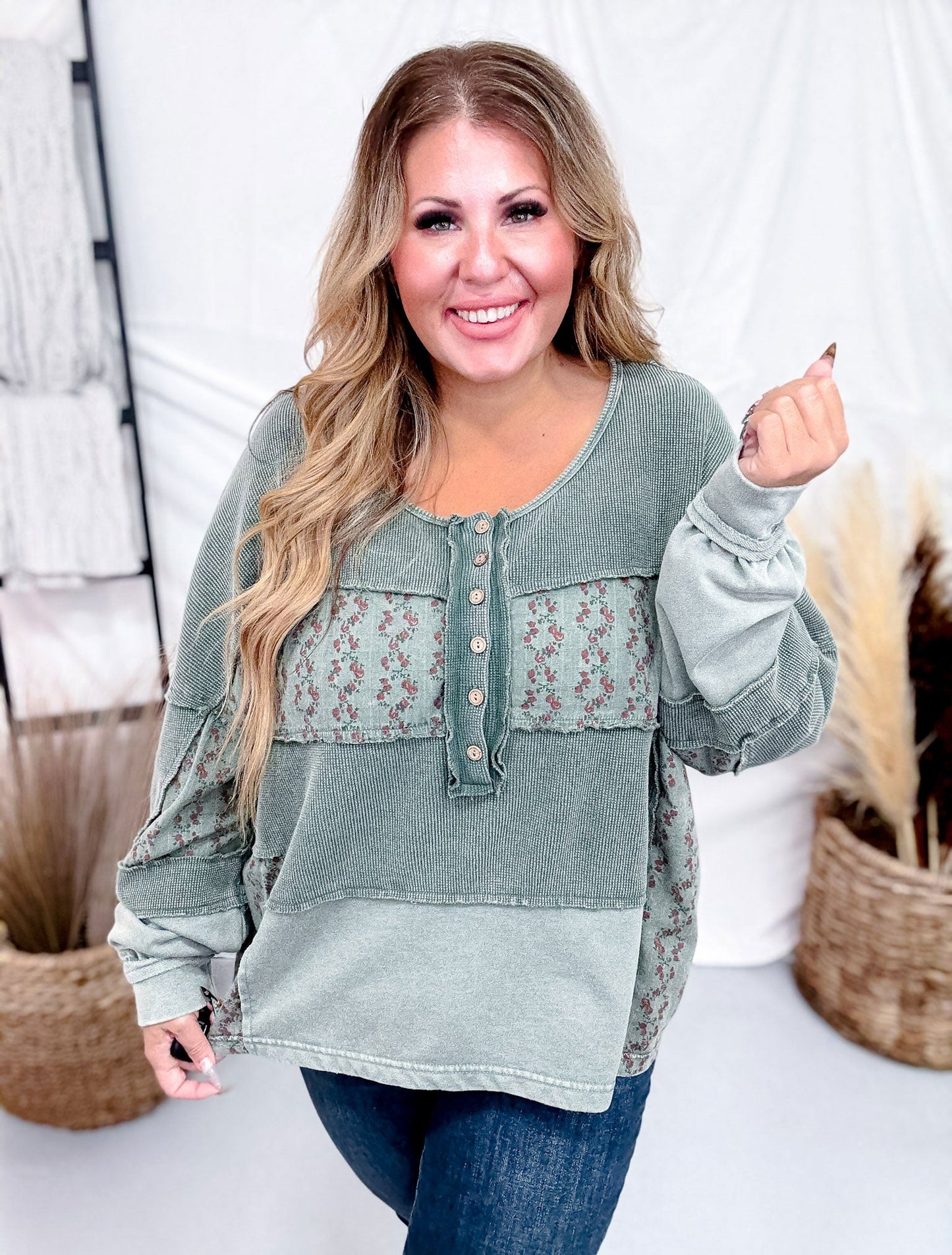 Pine Green Mixed Print Thermal Henley Top - Whiskey Skies - EASEL