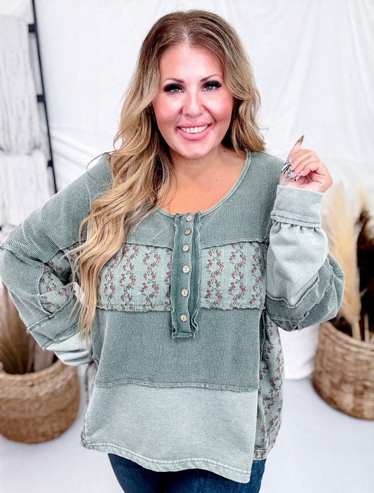 Pine Green Mixed Print Thermal Henley Top - Whiskey Skies - EASEL