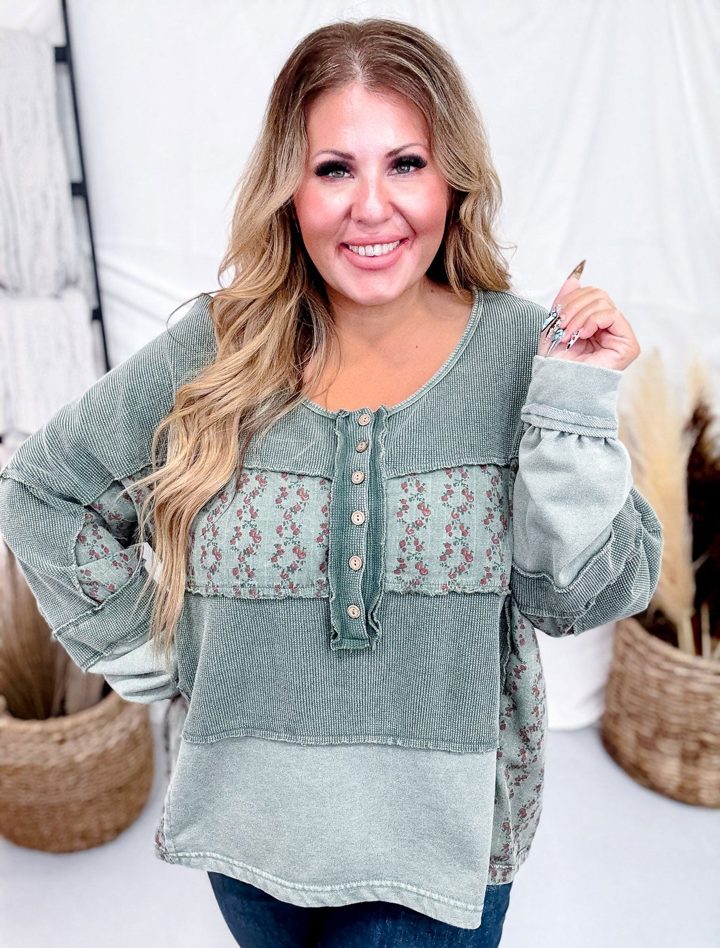Pine Green Mixed Print Thermal Henley Top - Whiskey Skies - EASEL