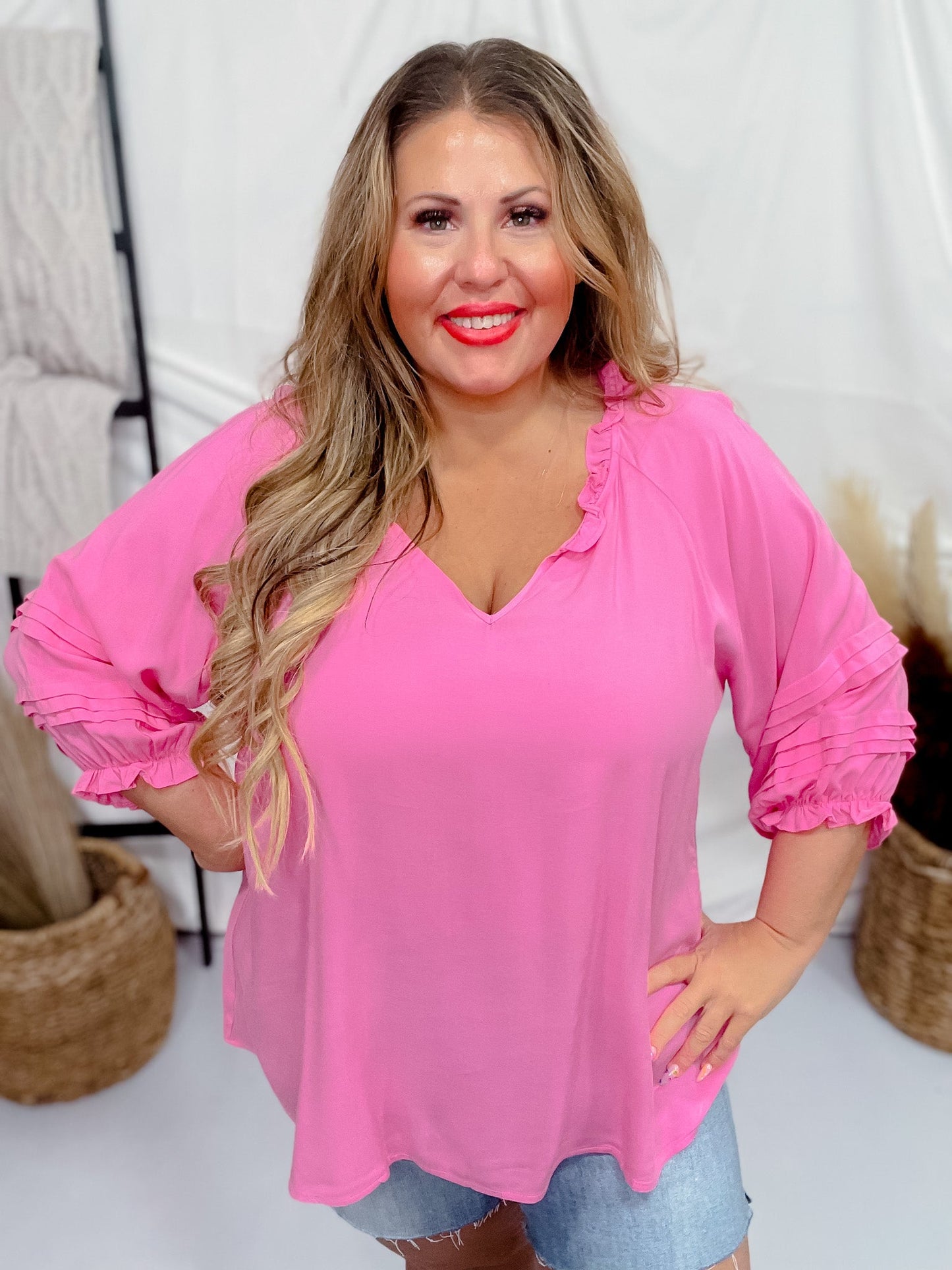 Pink 3/4 Puff Sleeve Top - Whiskey Skies - ANDREE BY UNIT