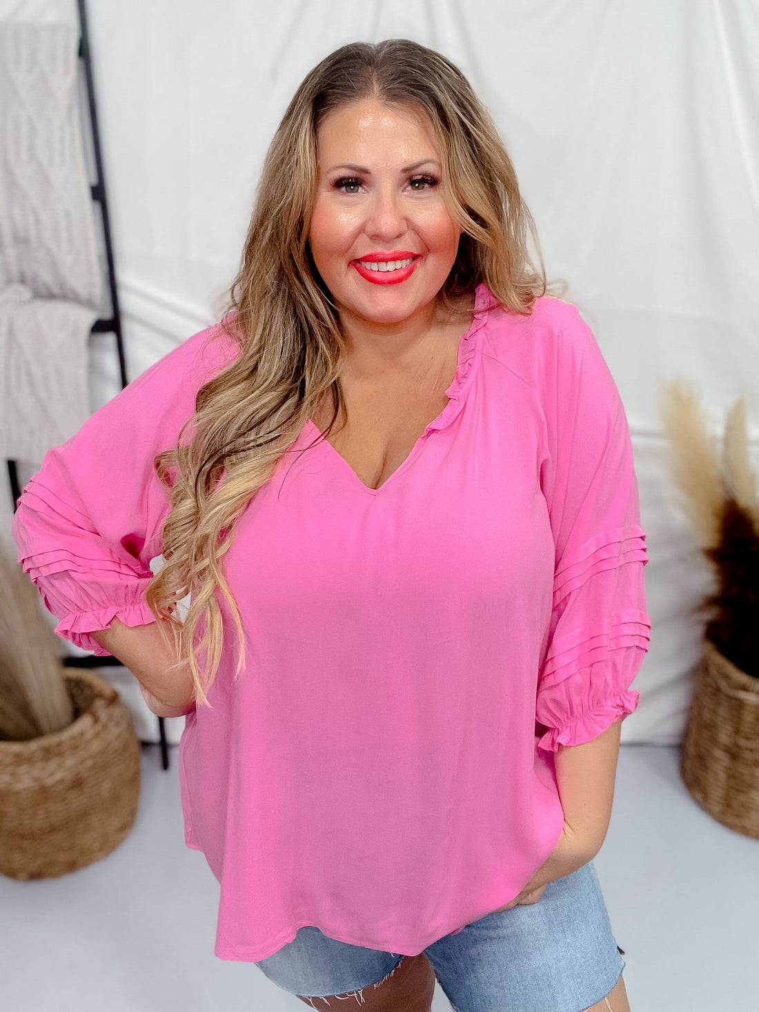 Pink 3/4 Puff Sleeve Top - Whiskey Skies - ANDREE BY UNIT